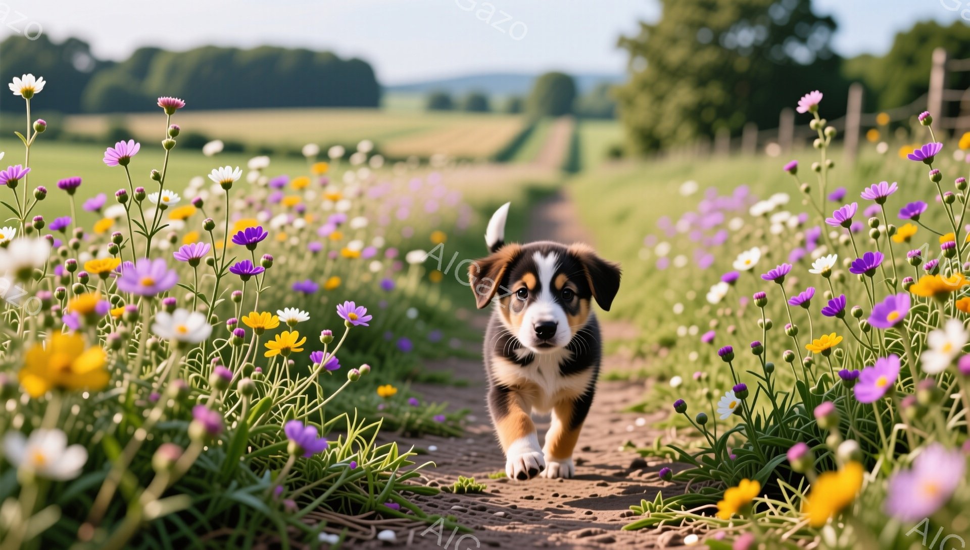広大な野原に咲く花々の中を、小さな子犬が元気に駆けている。鮮やかな花々とのコントラストが美しく、のどかな田園風景が広がっている。子犬は好奇心いっぱいの表情で、新しい世界を探検しているようだ。