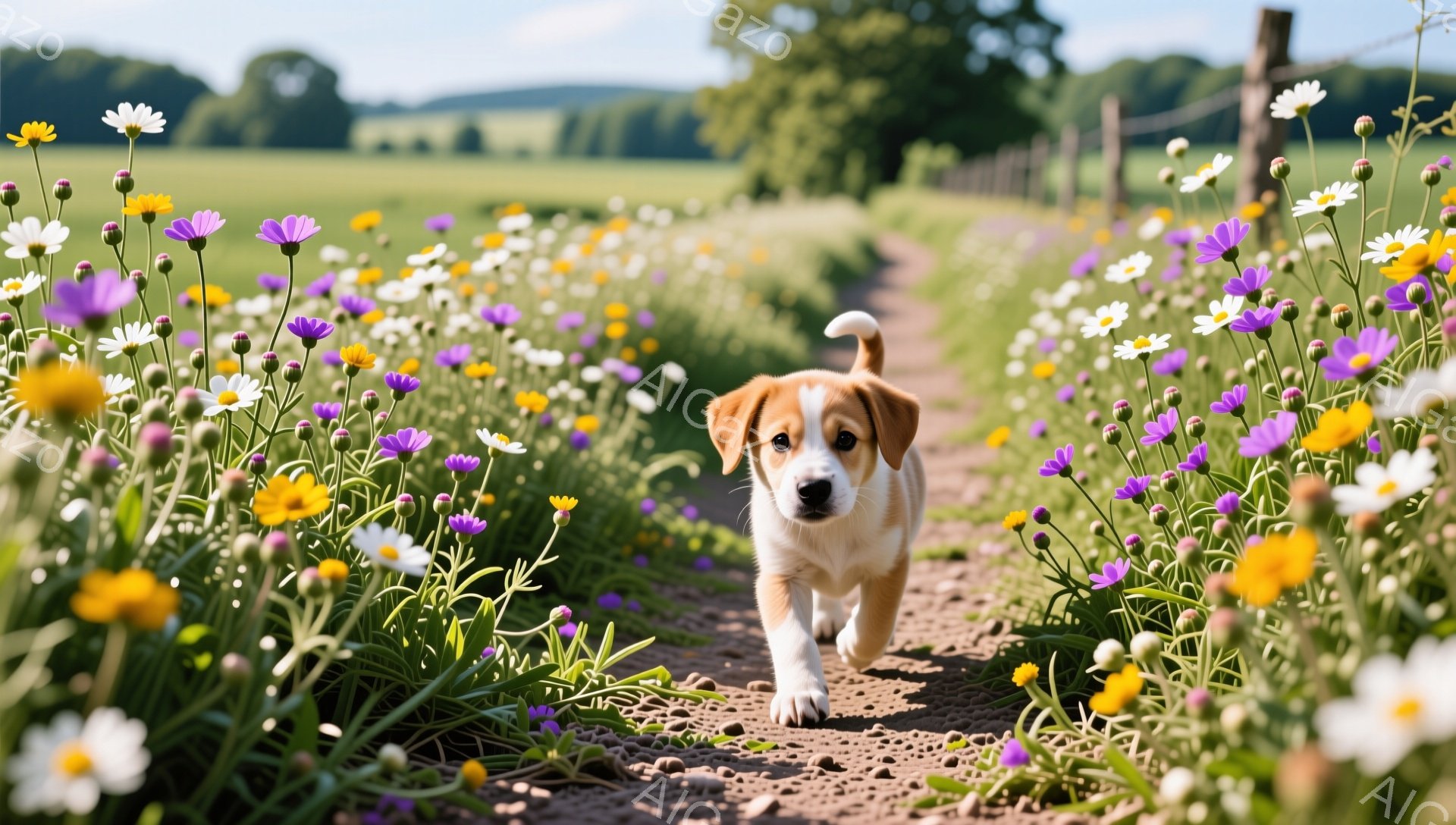 広野の小道に子犬が駆け抜けている。道端には色とりどりの野花が咲き乱れ、背景には緑豊かな草原が広がっている。明るい日差しが降り注ぎ、暖かく穏やかな雰囲気が漂っている。 - AI生成フリー素材