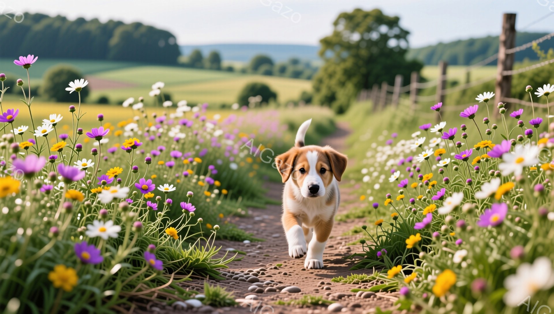 広大な草原の道を進む子犬が写っています。周りには紫や黄色の野花が咲き乱れ、明るく穏やかな雰囲気が漂っています。子犬は嬉しそうに前を向き、まるで冒険に出かけるかのような姿です。
