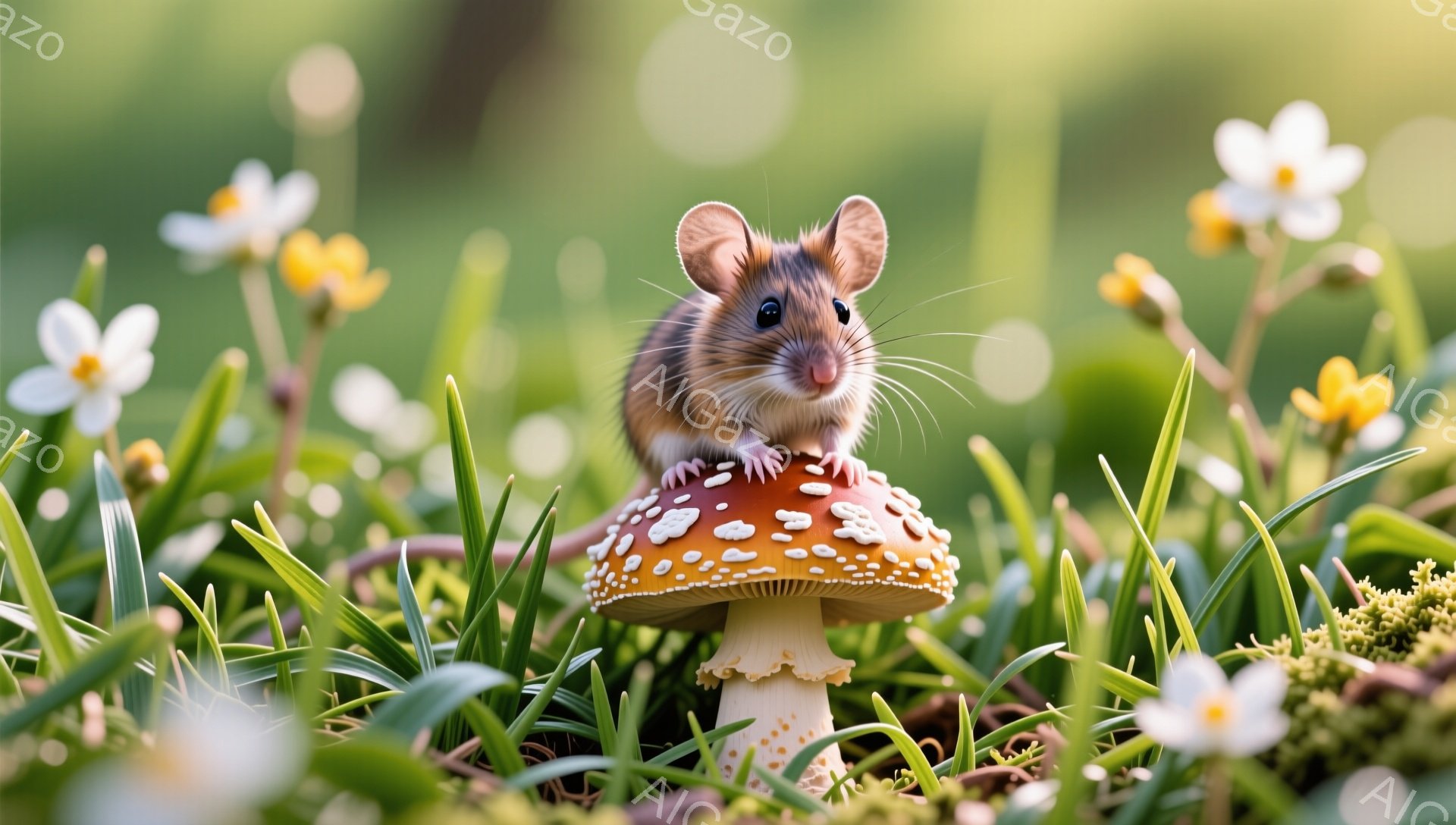 緑の草むらの中に赤い毒キノコの上に乗った小さなネズミがいます。ネズミは前足をキノコに置いて、何かを見ているようで、その表情は好奇心に満ちています。背景には小さな白い花が咲き乱れ、春の穏やかな雰囲気が漂っています。