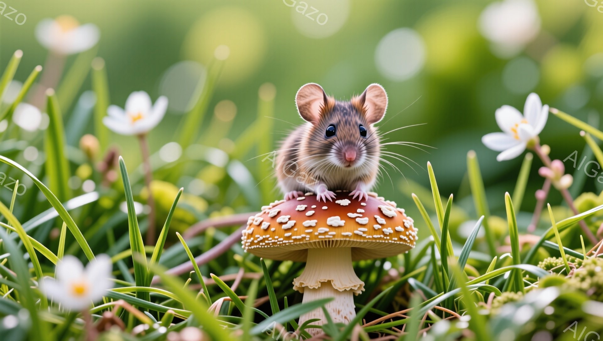 緑の草むらと白い花の中に、赤い毒キノコの上に座っている可愛らしい茶色のネズミがいます。ネズミは前足を組んで、少し微笑んでいるように見え、とても愛らしいです。背景はぼやけており、ネズミとキノコが際立って - AI生成フリー素材