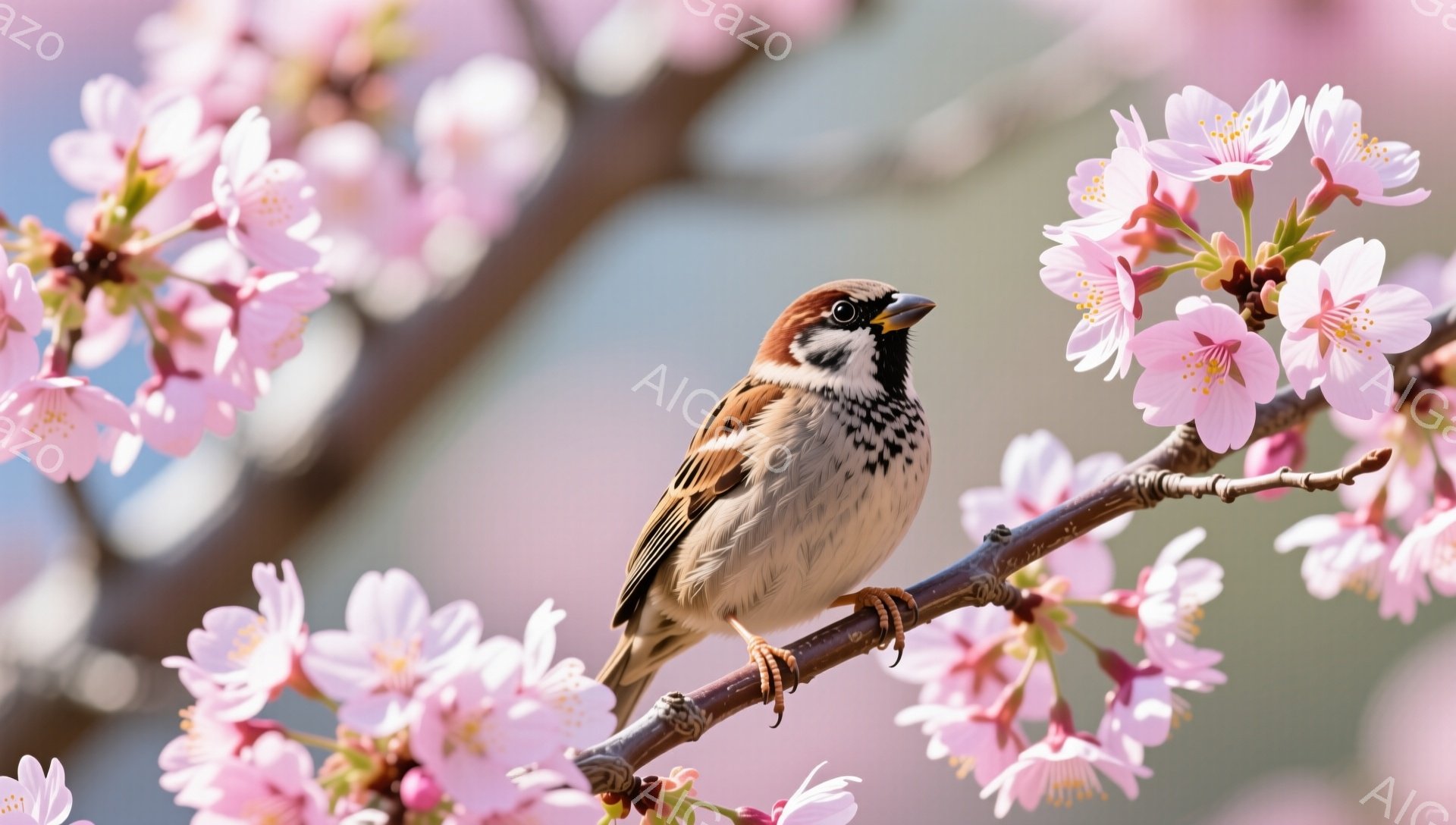 桜の枝にとまるスズメが写っています。ピンク色の花びらが背景を彩り、春の暖かさを感じさせます。スズメは羽を休め、穏やかな表情でこちらを見ているようです。 - AI生成フリー素材