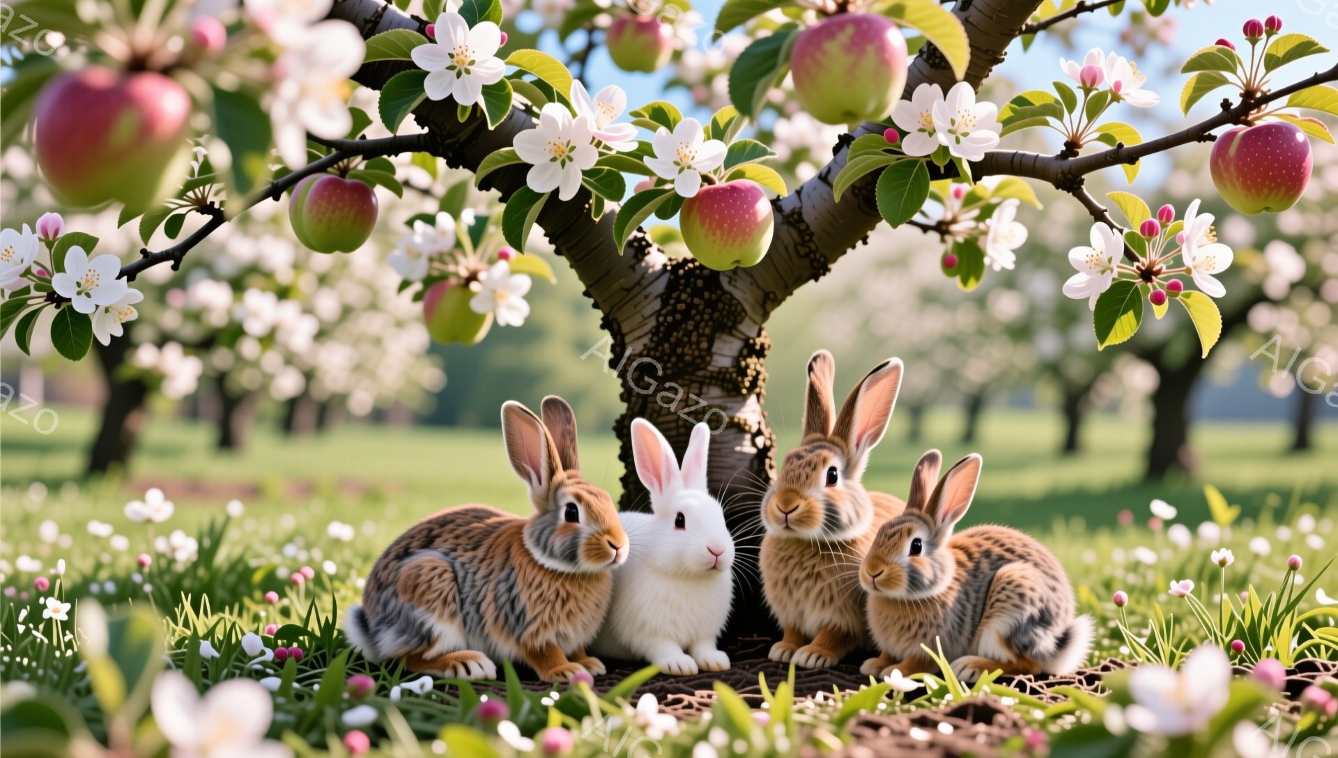 画像には、リンゴの木の根元で寄り添う３羽のウサギが写っています。背景にはリンゴの木が並び、ピンク色の花が咲き乱れ、春の暖かな雰囲気を醸し出しています。ウサギたちはそれぞれ異なる毛色で、可愛らしい姿を見 - AI生成フリー素材