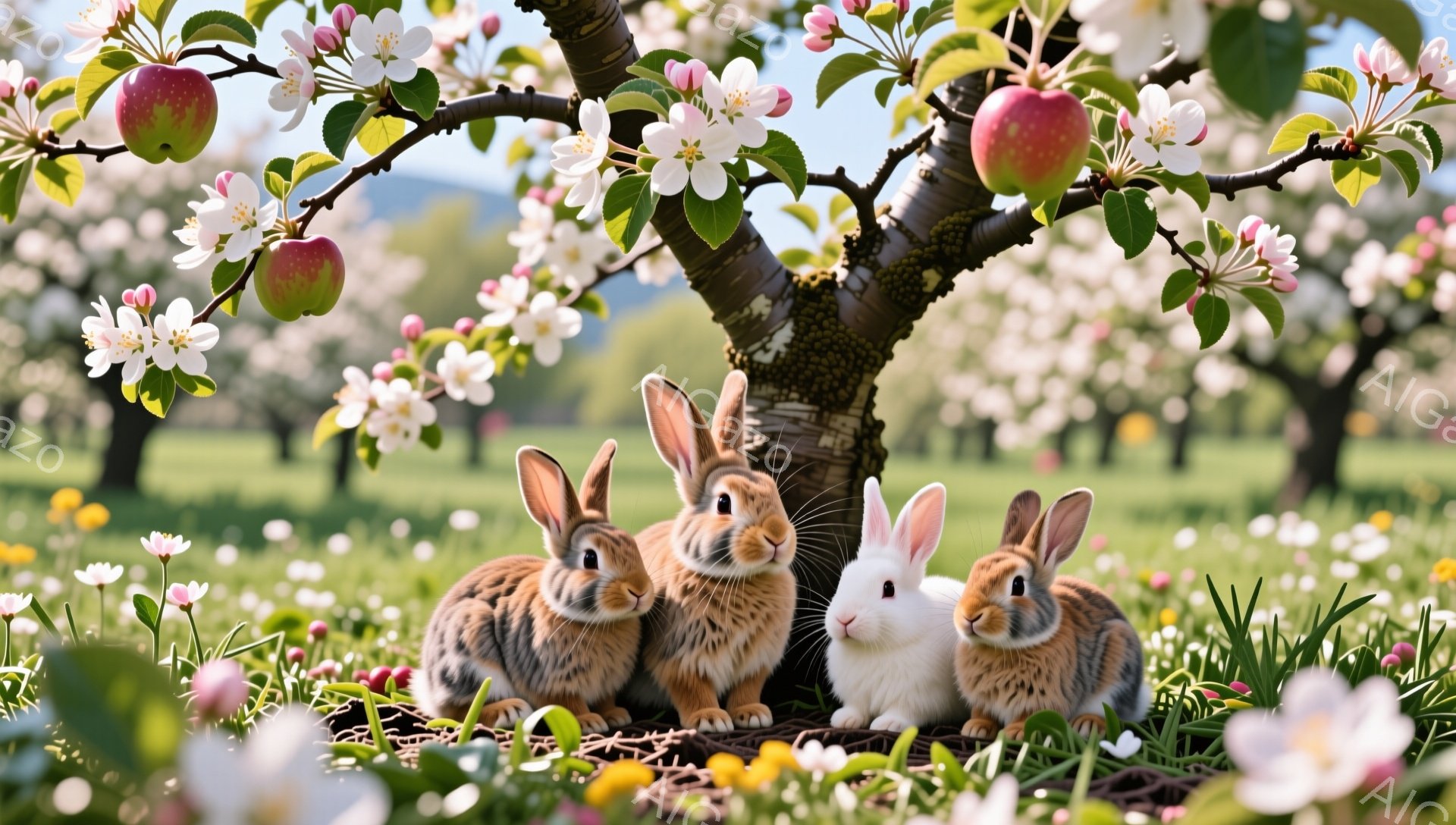 鮮やかな緑の草の上に、三羽の可愛らしいウサギが寄り添って座っています。頭上には、ピンクと白の花が咲き誇るリンゴの木があり、背景には牧歌的な風景が広がっています。春の穏やかな日差しの中で、平和で幸せな雰 - AI生成フリー素材