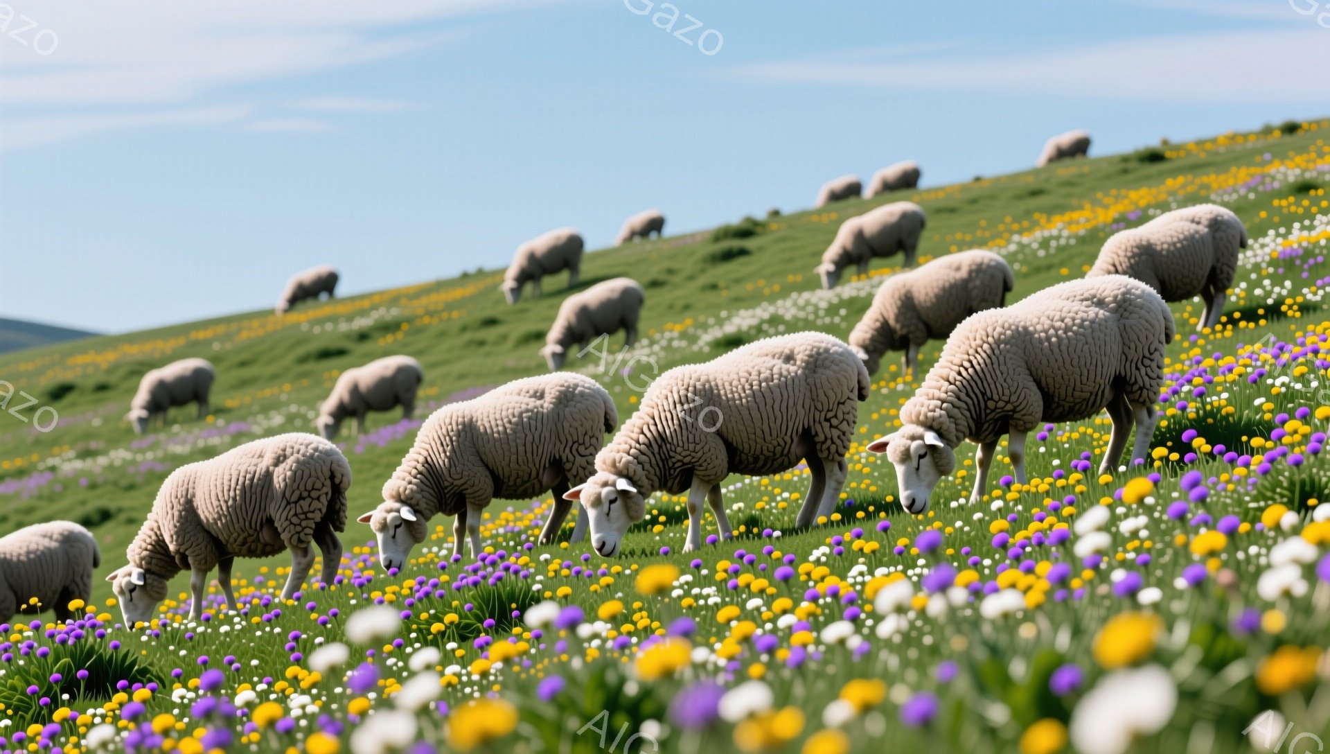 緑の丘に羊の群れが花の間で草を食んでいる。空は青く、天候は晴れで、穏やかな雰囲気である。鮮やかな紫と黄色の花が丘を彩り、牧歌的な風景を作り出している。 - AI生成フリー素材