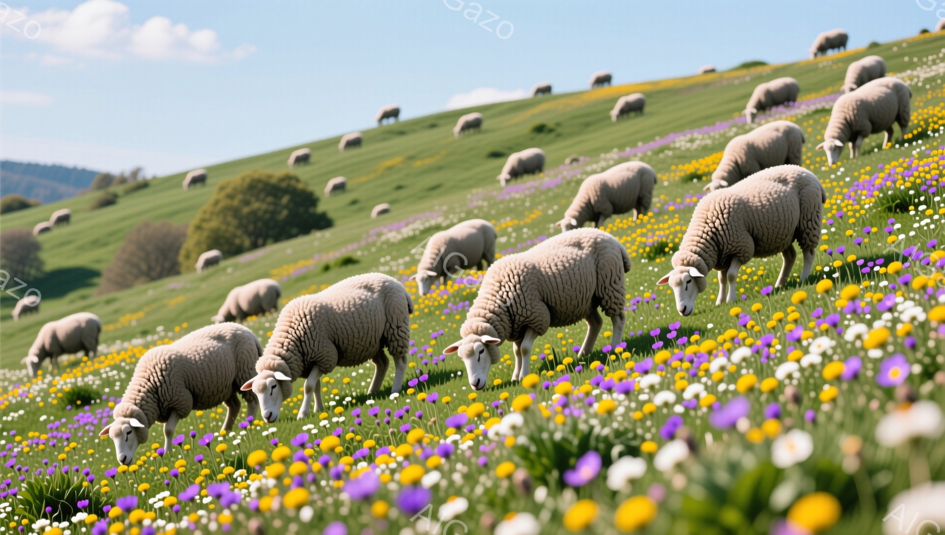 緑の丘に羊の群れが点在し、色とりどりの花々が咲き乱れている。羊たちは草を食み、穏やかで平和な雰囲気が漂っている。背景には穏やかな山並みが広がっている。