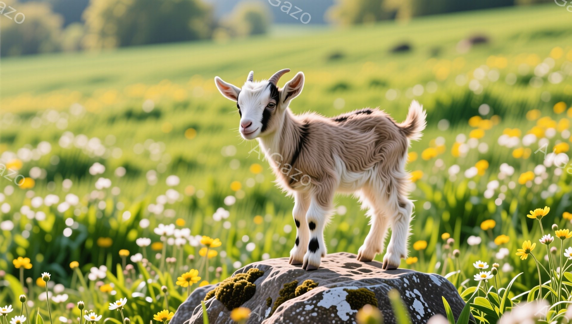 小さなヤギが岩の上に立ってこちらを見ている。周囲には黄色や白の花が咲き乱れ、緑豊かな草原が広がっている。暖かく穏やかな雰囲気で、のどかな田園風景が感じられる。 - AI生成フリー素材