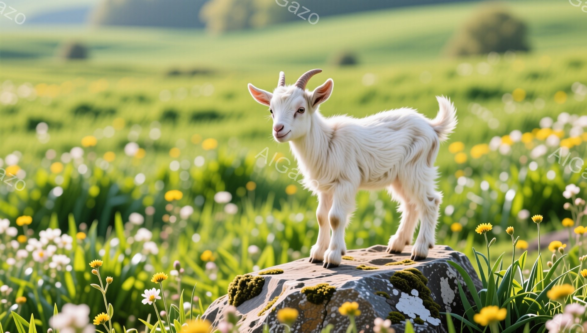 緑豊かな草原の中に、白い子ヤギが岩の上に立っている。周りには黄色い花が咲き乱れ、明るい日差しが降り注いでいる。子ヤギはカメラに向かって少し上目遣いで微笑んでいるように見える。