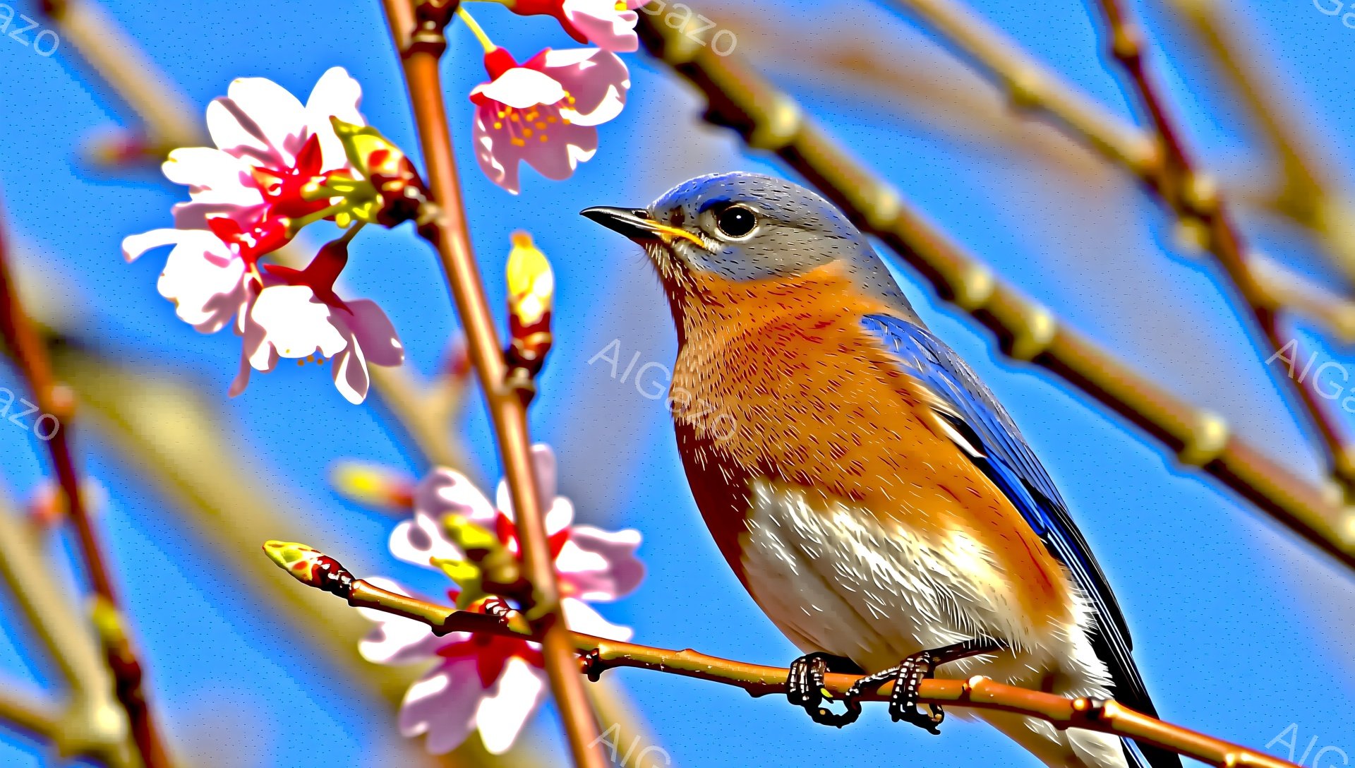 鮮やかな青い鳥が桜の枝にとまっており、春の訪れを感じさせる。鳥の胸はオレンジ色で、背景は澄み切った青空が広がっている。新芽と桜の花が、暖かく穏やかな雰囲気を醸し出している。