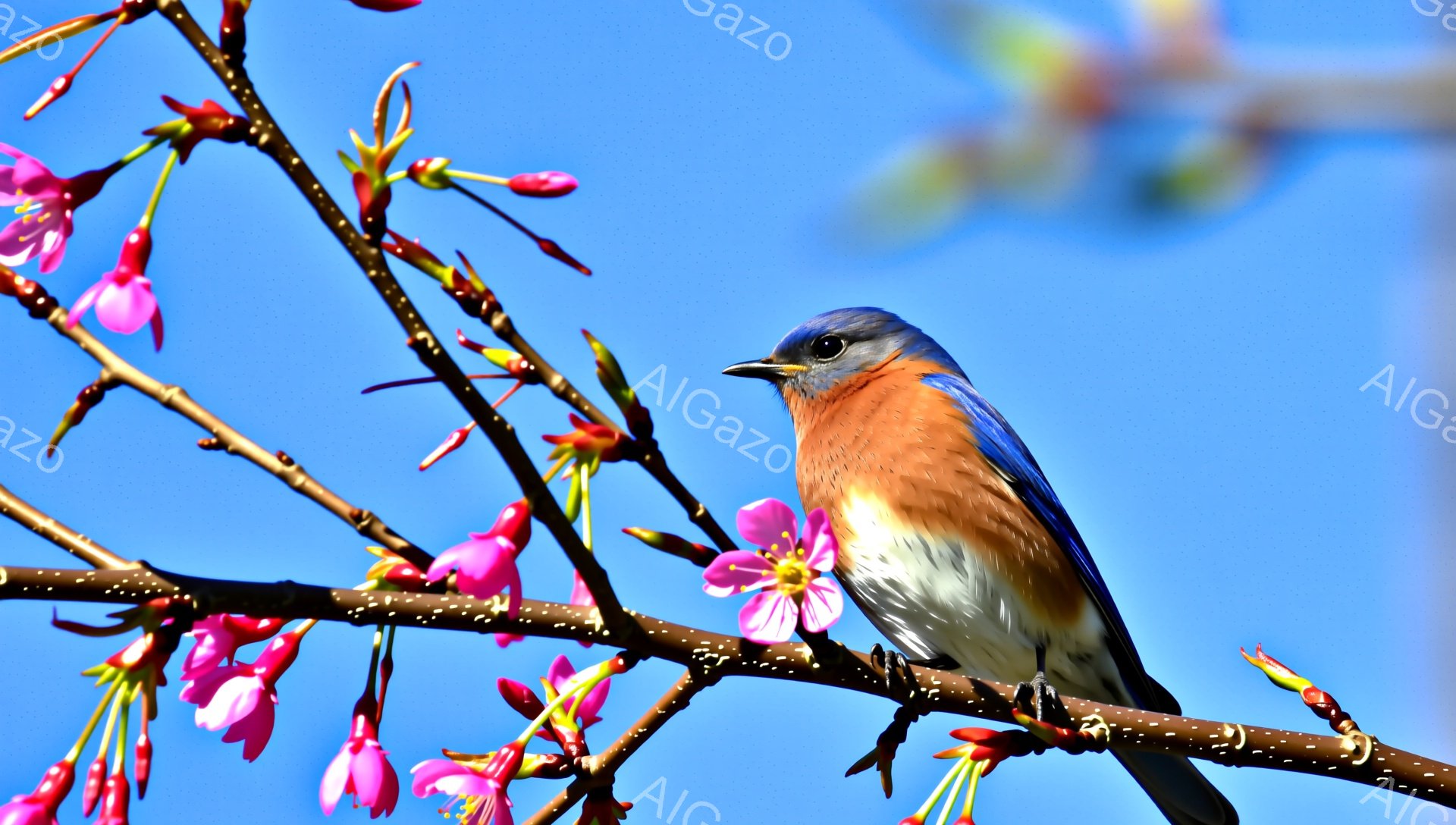 空の背景に、ピンク色の桜の枝にとまっているオスのアメリカコマドリが描かれています。鮮やかな青い頭と背中、オレンジ色の胸が特徴的で、春の訪れを感じさせる美しい光景です。桜の花びらが散りばめられた枝は、コマドリの鮮やかな色彩と見事に調和しています。