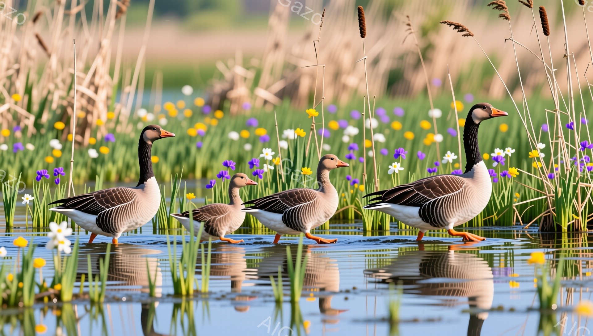 穏やかな水面に3羽のグースが並んで歩いている。周囲には色とりどりの花が咲き乱れ、水面にはその美しい姿が映し出されている。春の陽光に照らされた、平和で穏やかな風景だ。 - AI生成フリー素材