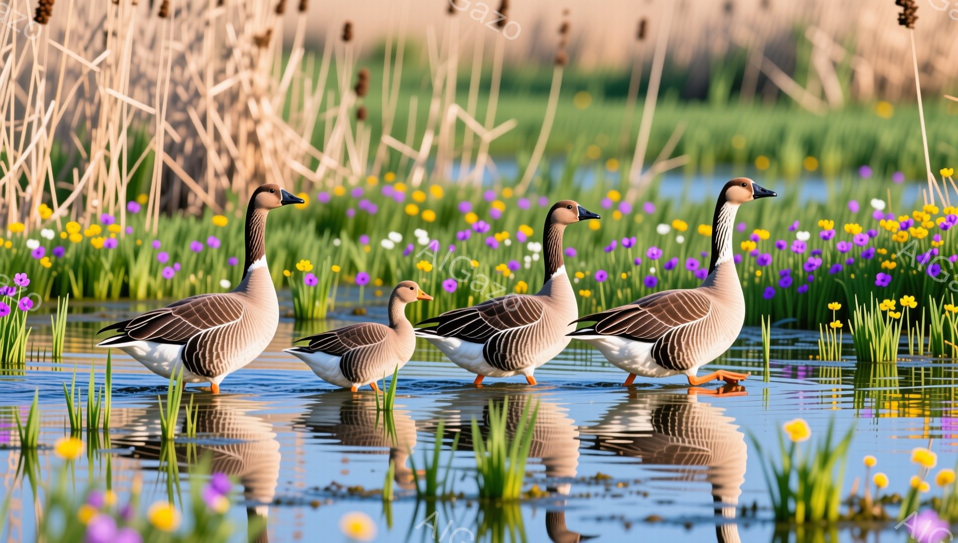 水辺に3羽のガンが並んで立っています。周囲には水草や黄色い花が咲き乱れ、水面にはガンの姿が映り込んでいます。穏やかな雰囲気で、自然豊かな風景が広がっています。 - AI生成フリー素材