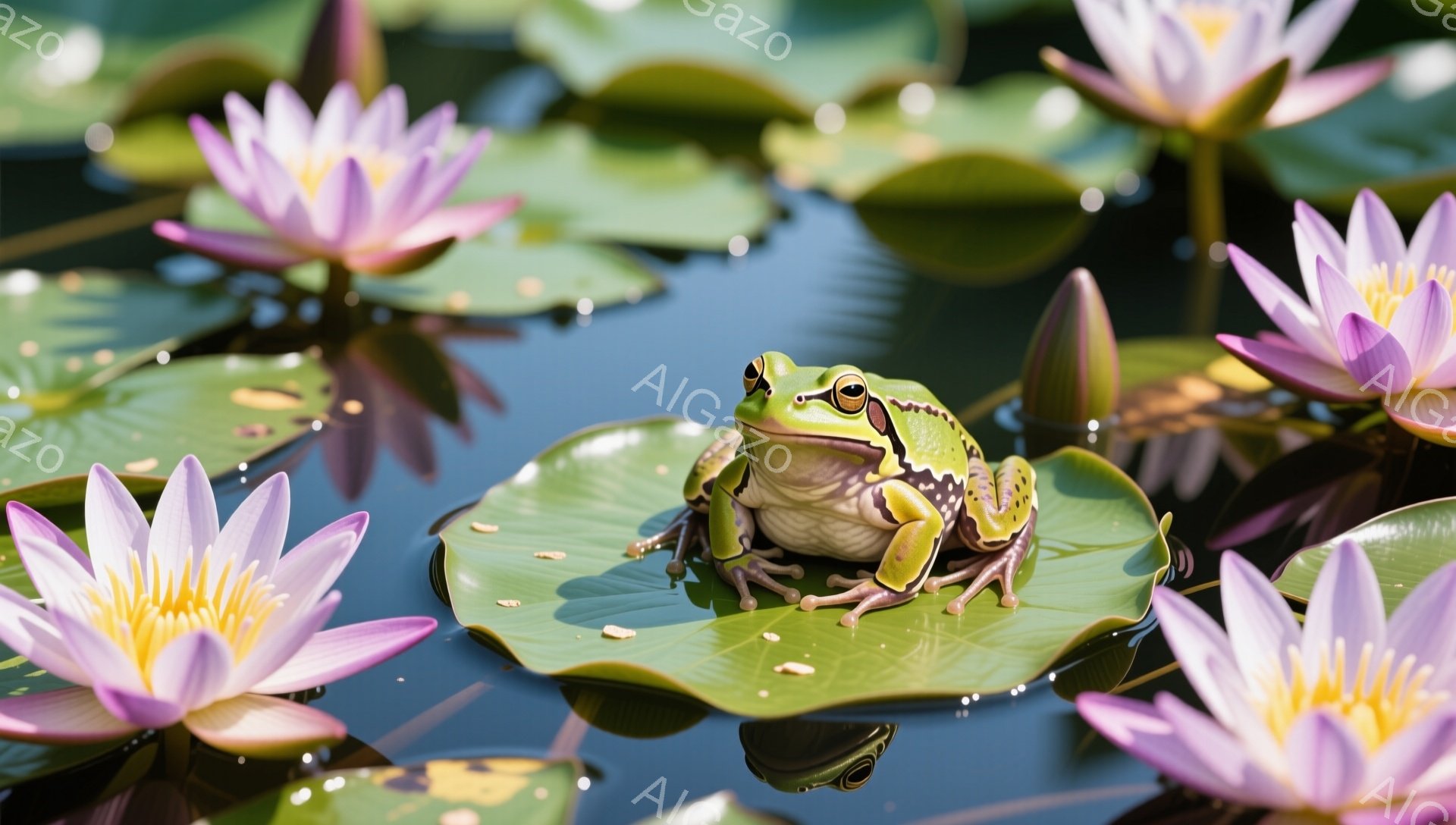 鮮やかなピンクの睡蓮が水面に浮かび、その上に一匹のカエルが座っています。カエルの目は大きく、周囲を警戒しているようです。水面には光が反射し、穏やかで平和な雰囲気を醸し出しています。 - AI生成フリー素材