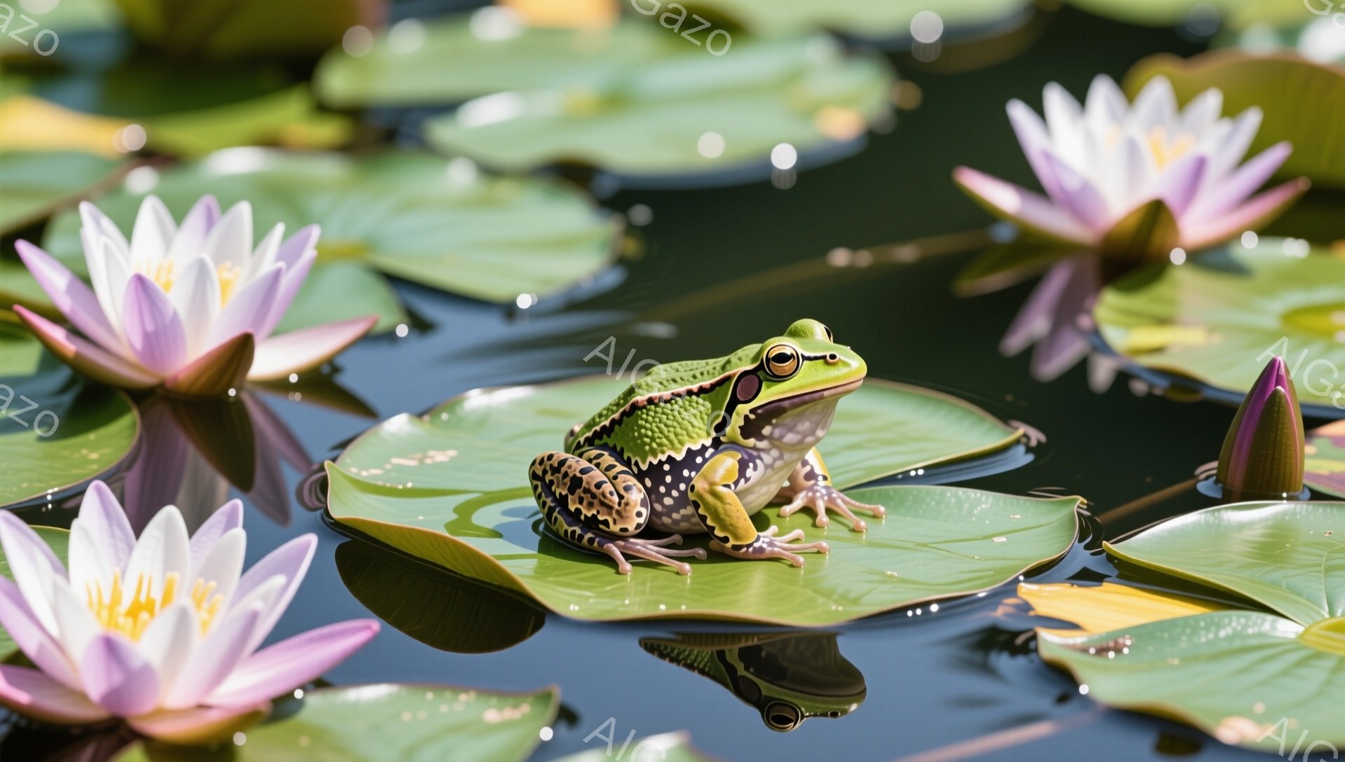 緑の睡蓮の葉の上にカエルが座っており、ピンク色の蓮の花が周りを彩っています。水面は穏やかで、カエルの鮮やかな緑色が引き立ち、自然の美しさを感じさせる静かな光景です。水面に映る影も美しく、幻想的な雰囲気を醸し出しています。