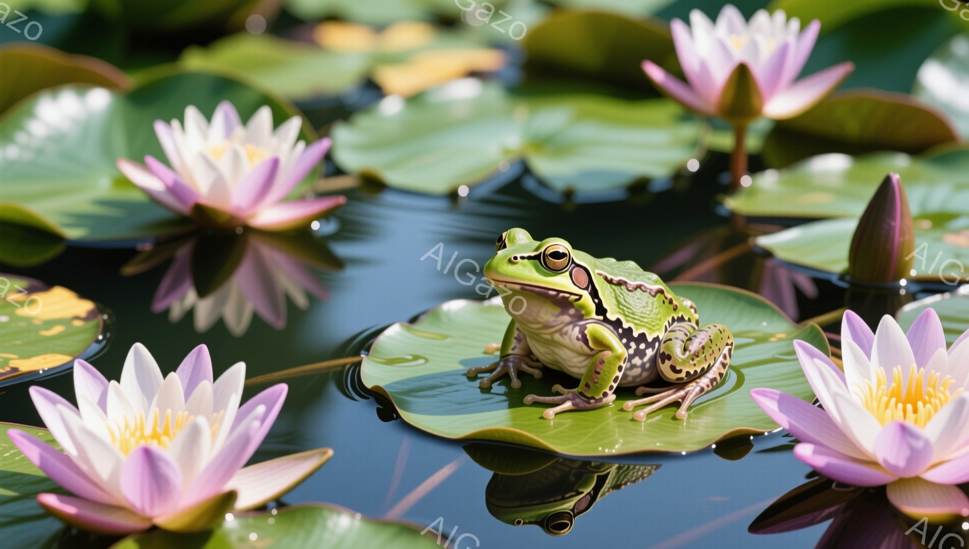 緑の蓮の葉の上で、緑色のカエルがリラックスして座っています。周りにはピンク色の蓮の花が咲き、水面にはその反射が映り込んでいます。穏やかで平和な自然の風景です。