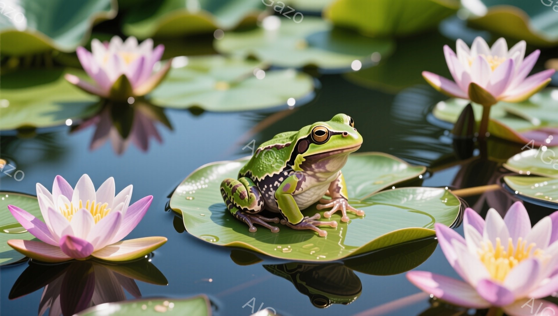 鮮やかな緑色のカエルが、水面に浮かぶピンク色の睡蓮の葉の上に座っています。周りにはピンク色の睡蓮の花が咲き乱れ、水面にはその姿が映り込んでいます。穏やかで静かな雰囲気の自然の風景です。 - AI生成フリー素材