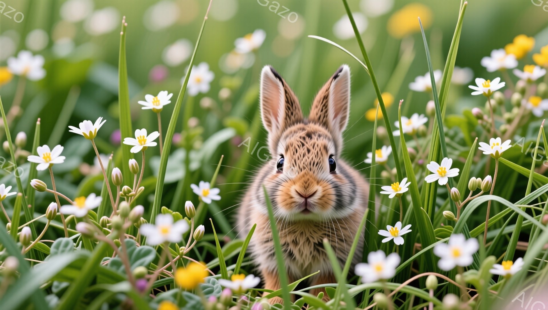 緑の草と白い花が咲き乱れる中で、小さなウサギがこちらを見つめている。ウサギは茶色と白の毛並みで、大きな耳をピンと立て、可愛らしい表情をしている。暖かく穏やかな春の雰囲気を感じさせる一枚だ。 - AI生成フリー素材