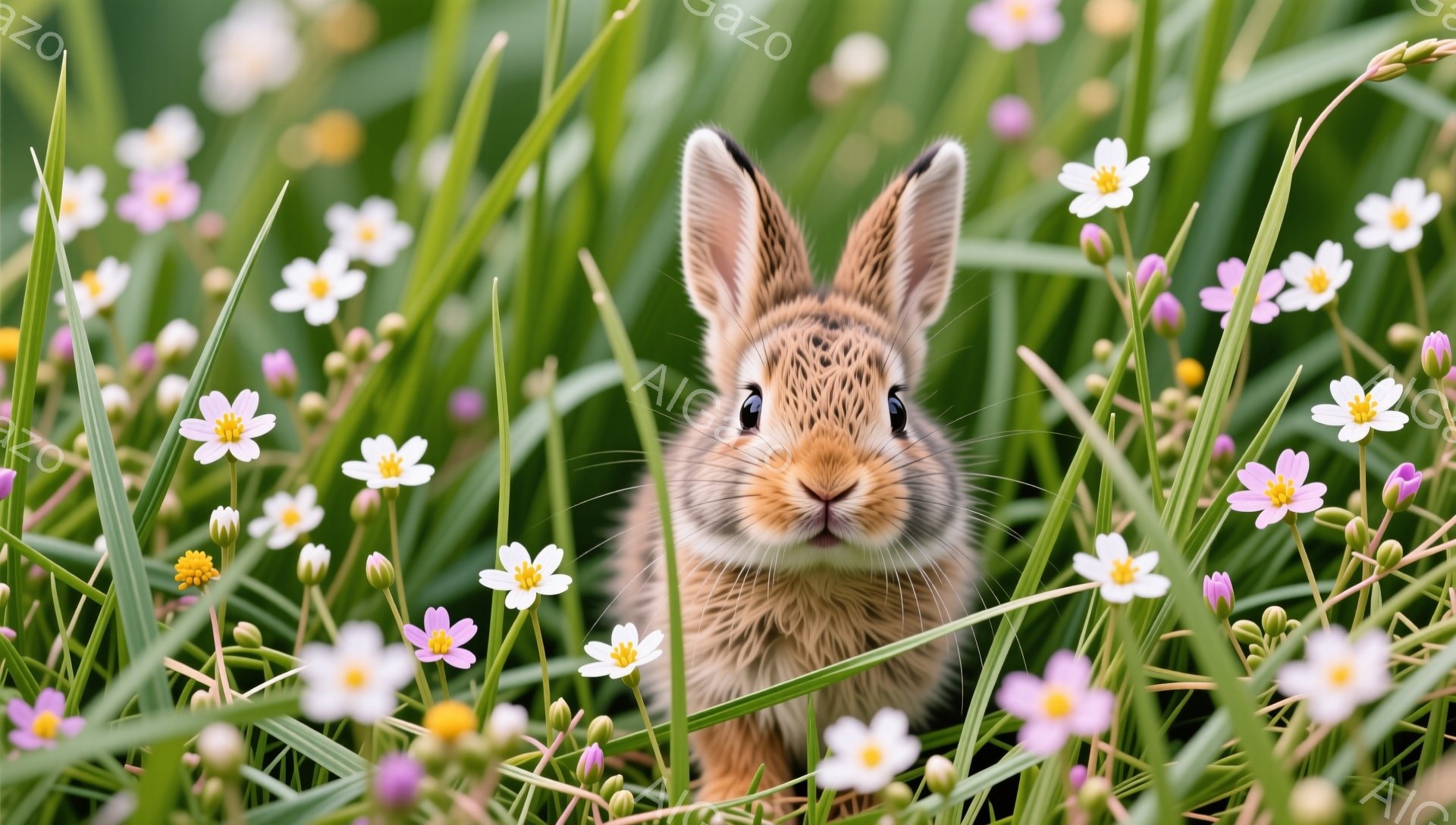 緑豊かな草むらの中に、可愛らしい子ウサギが座っています。ピンクと白の花々が咲き乱れ、ウサギの周りを彩り、穏やかで平和な雰囲気を醸し出しています。ウサギは前方をまっすぐ見つめ、好奇心と無邪気さでいっぱい - AI生成フリー素材