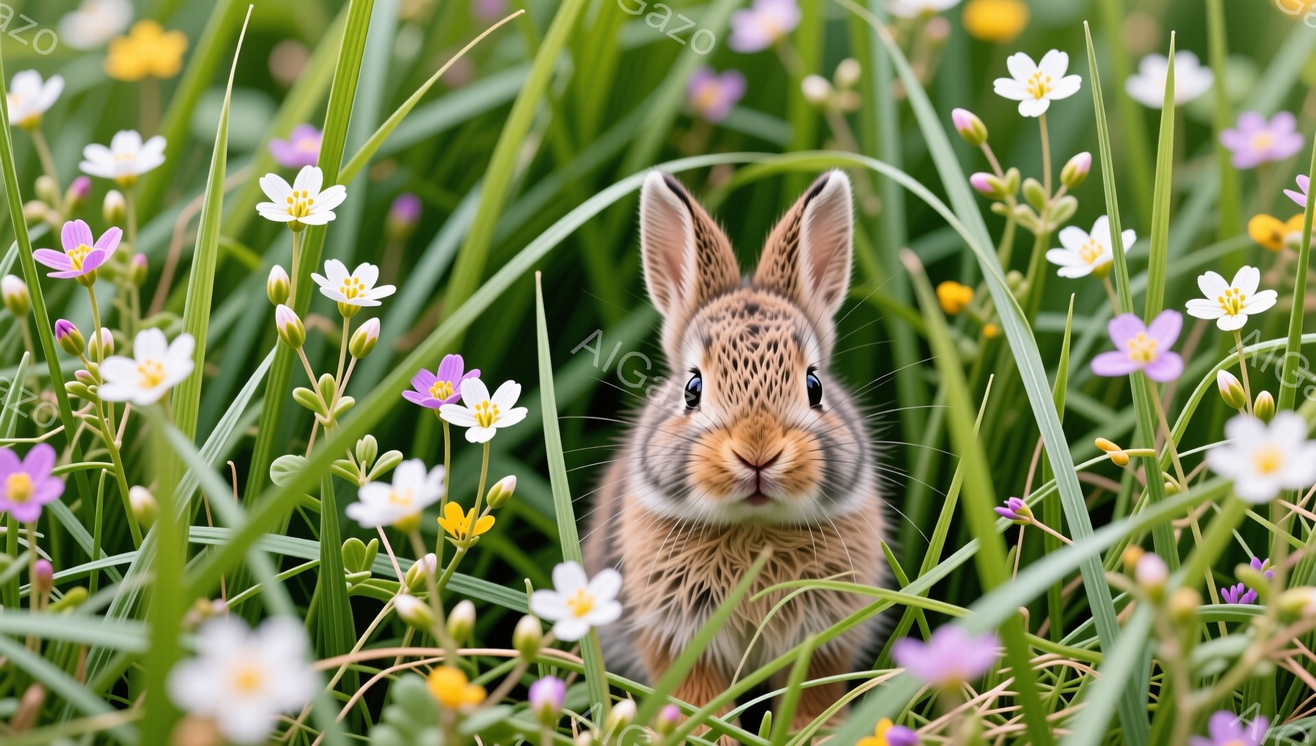 小さなウサギが草むらに隠れてこちらを見ている。白と紫の花が咲き乱れ、春の穏やかな雰囲気を演出している。ウサギの毛並みは細かく、表情は好奇心と少しの警戒心が混ざっているように見える。