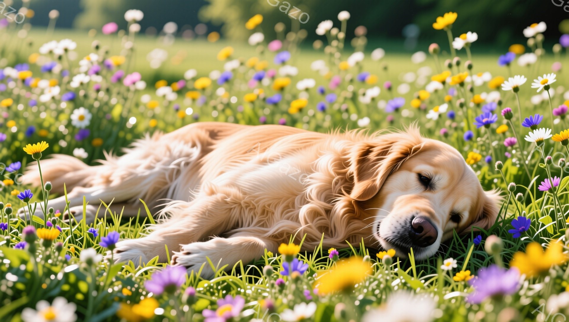 黄金色の毛並みのゴールデンレトリバーが、色とりどりの野花が咲き乱れる草原に横たわっています。穏やかな表情で目を閉じ、リラックスした様子が伺えます。背景には緑豊かな草地が広がり、平和で優しい雰囲気が漂っ - AI生成フリー素材