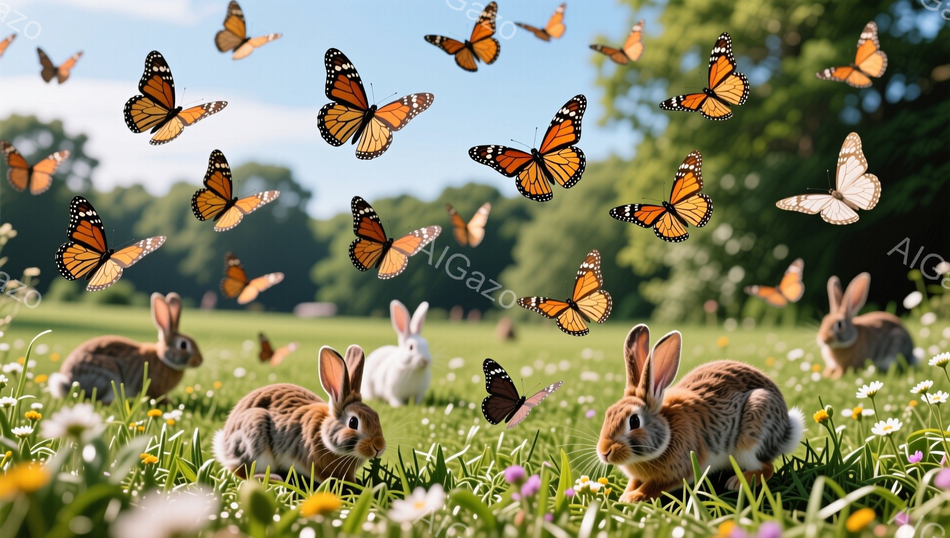 広々とした緑の草原で、複数のウサギたちが花の間で草を食んでいます。オレンジ色の蝶が舞い、のどかな田園風景が広がっています。穏やかで平和な雰囲気を感じさせる、春の日の光景です。 - AI生成フリー素材