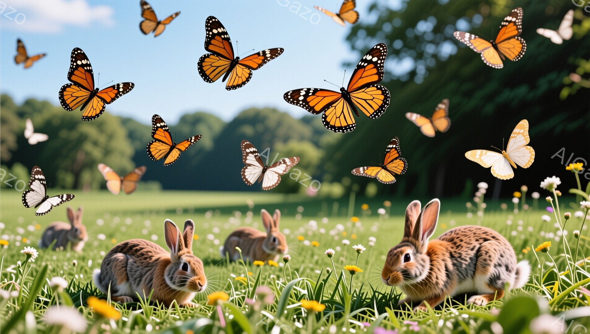 緑豊かな草地のなかで、数匹のウサギが佇んでいます。周囲にはオレンジ色の蝶が舞い、春の穏やかな雰囲気を醸し出しています。花々が咲き乱れる背景とウサギの愛らしい姿が調和し、平和な光景を作り出しています。 - AI生成フリー素材