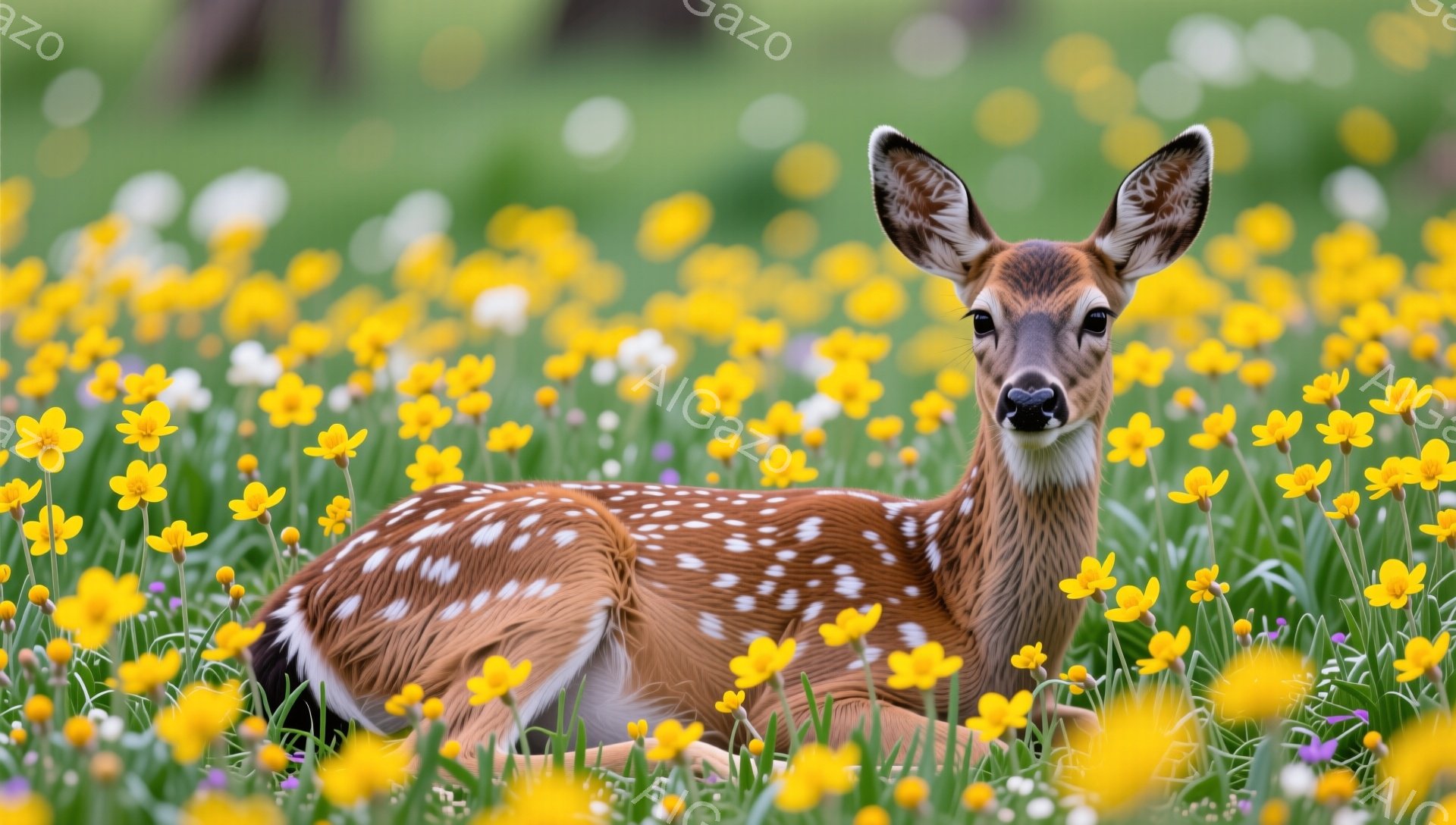 緑豊かな草原で、子鹿が黄色い花々の間に横たわっています。子鹿は斑点模様の毛並みで、穏やかな表情でカメラを見つめています。春の柔らかな日差しが、暖かく穏やかな雰囲気を醸し出しています。 - AI生成フリー素材