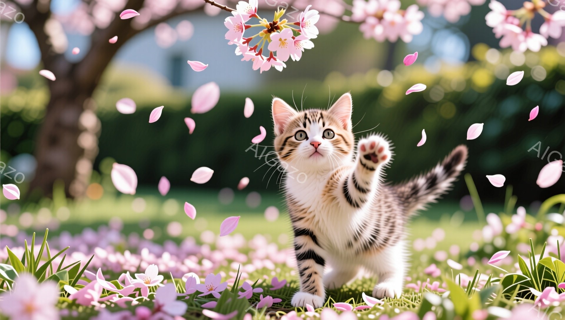 桜の木の下で、子猫が前足を伸ばして遊んでいます。周りには桜の花びらが舞い散り、春の暖かく穏やかな雰囲気が漂っています。緑の草むらとピンク色の花びらが子猫の可愛らしさを引き立てています。 - AI生成フリー素材