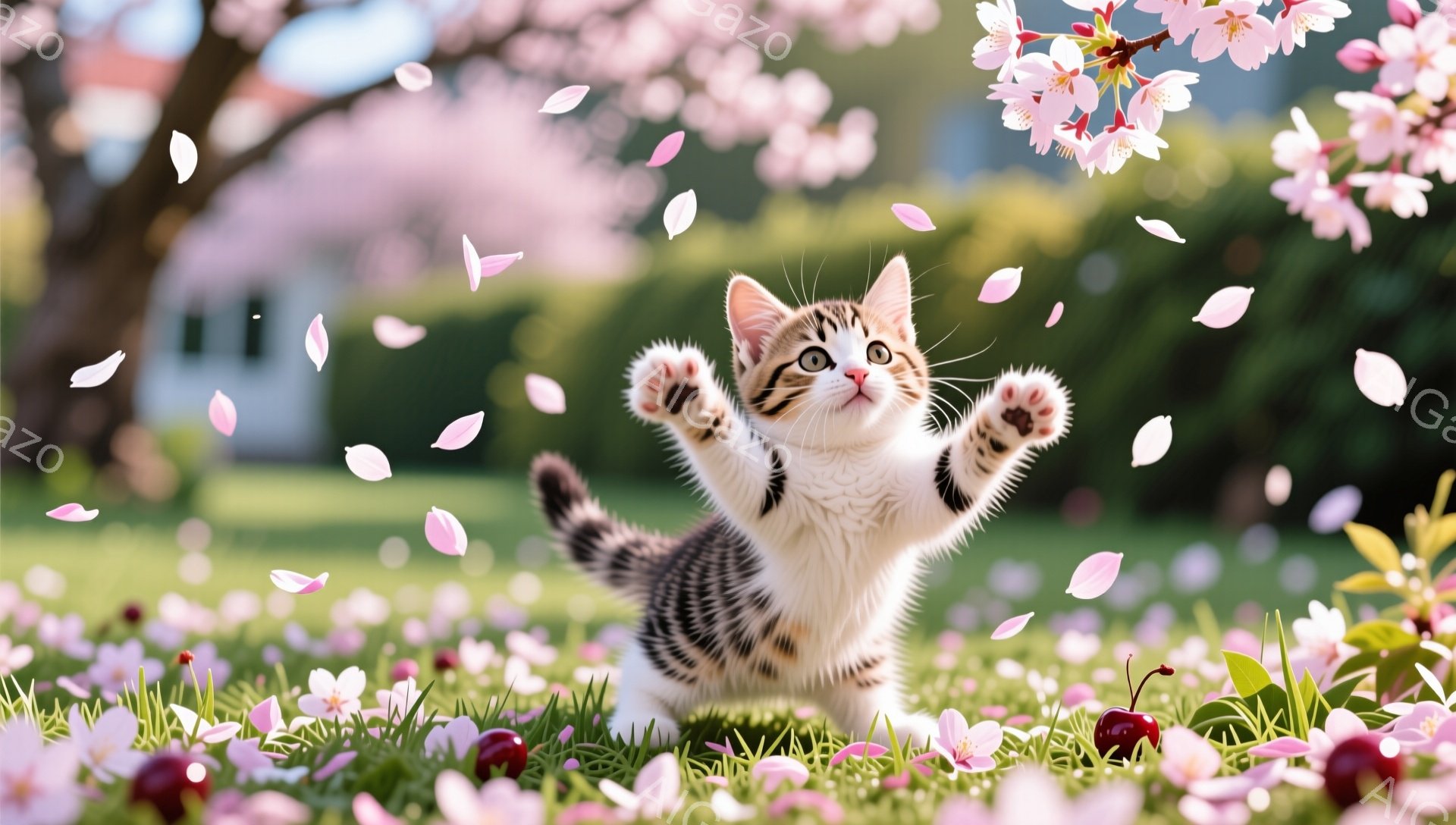緑の草の上に、桜の花びらが舞い散る中、子猫が前足を上げて何かを楽しんでいる。子猫は白と茶色の縞模様で、とても可愛らしい表情をしている。背景にはピンク色の桜の木と、赤い実がいくつか見え、春の穏やかな雰囲 - AI生成フリー素材