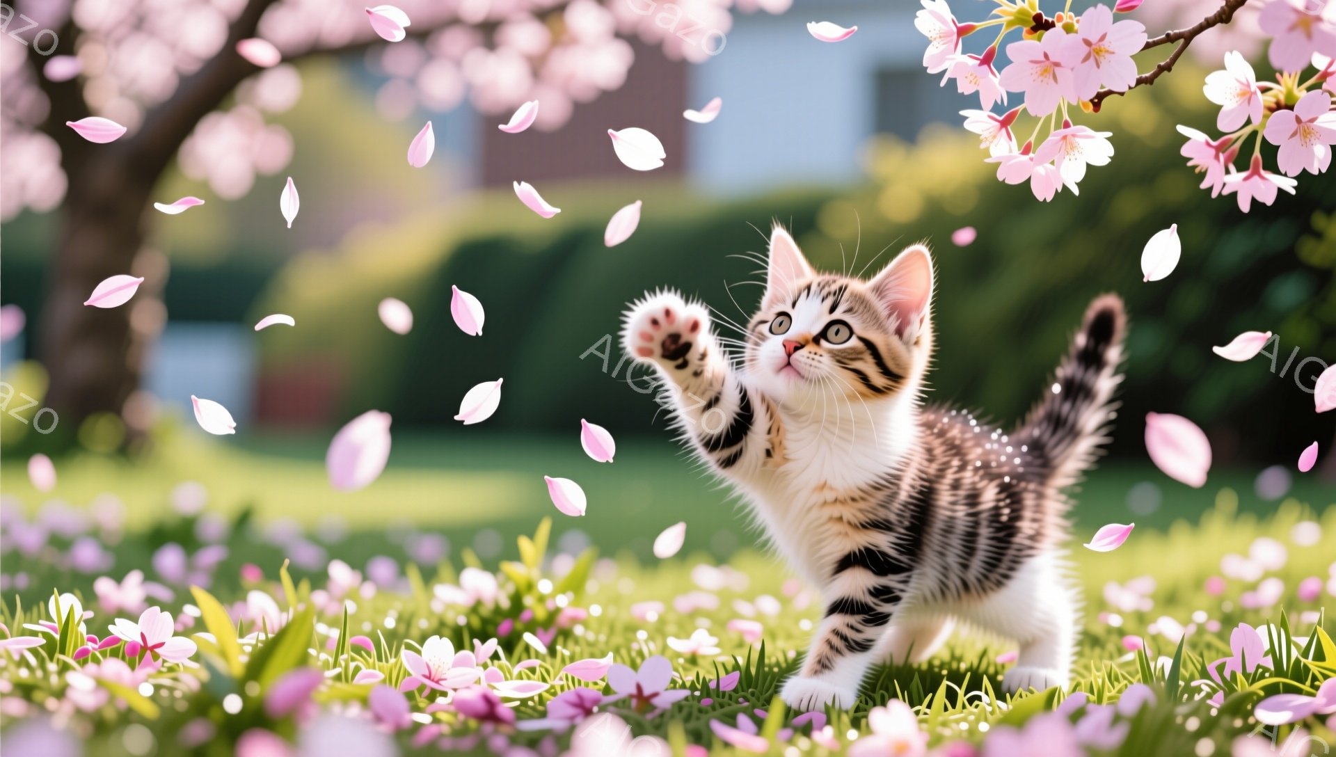 小さな子猫が桜の木の下で、前足を伸ばして桜の花びらを追いかけて遊んでいます。緑の草の上にピンク色の桜の花びらが舞い、春の暖かく穏やかな雰囲気が漂っています。可愛らしい子猫の姿と桜のコントラストが、見る人を癒やします。