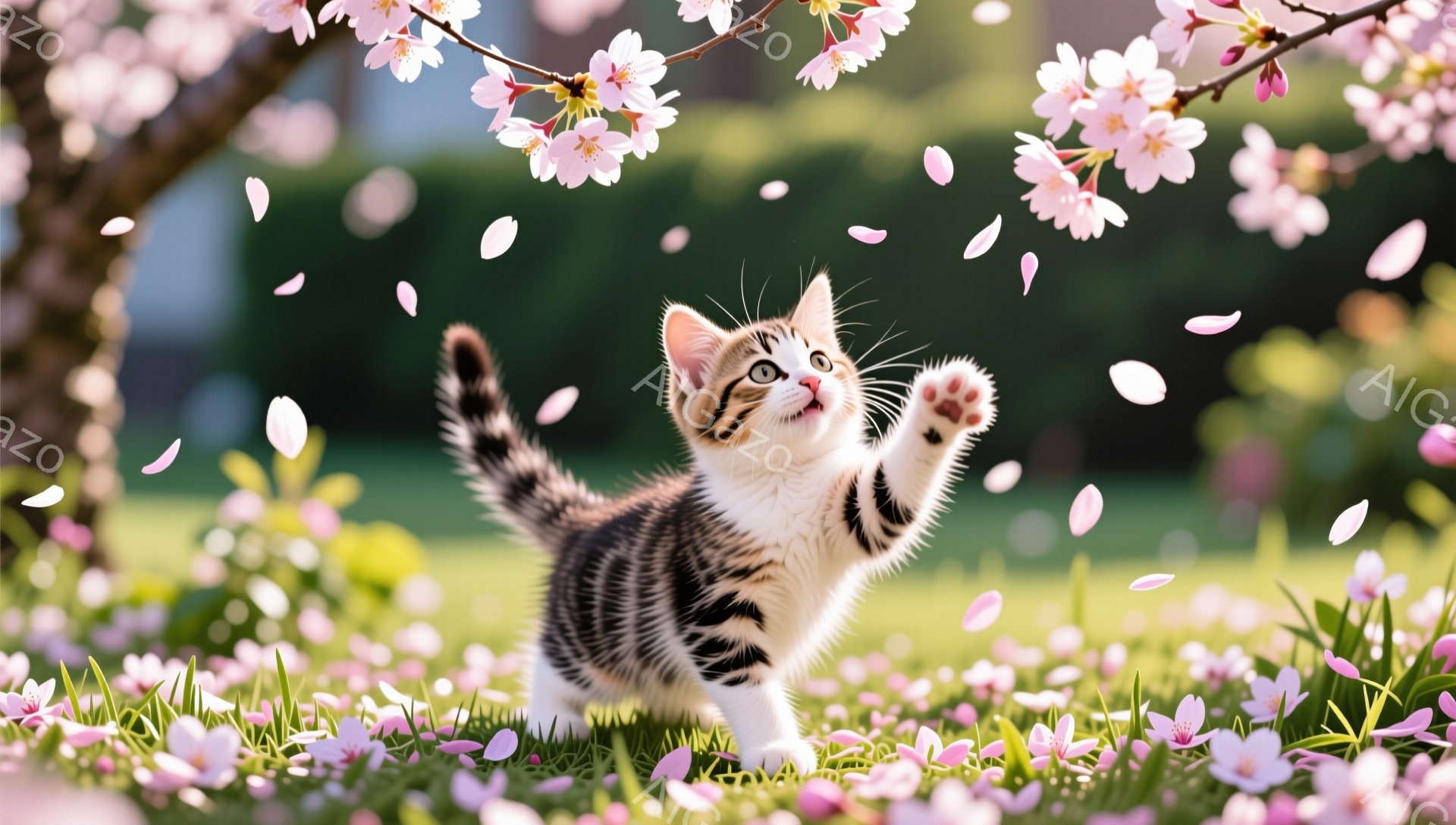 桜の木の下で、縞模様の小さな子猫が前足を伸ばして何かを捕まえようとしています。ピンク色の桜の花びらが舞い散る中、緑の草の上で元気いっぱいに遊んでいます。背景には桜の木と柔らかな光があり、春の暖かく幸せ - AI生成フリー素材