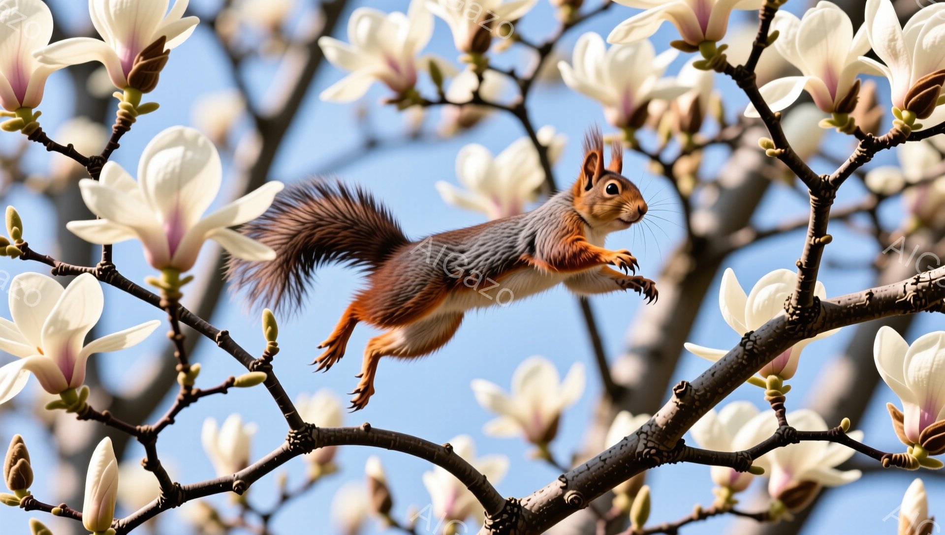 リスが満開の白木蓮の枝の間を飛び越えています。青空を背景に、リスは優雅で活発な姿を見せており、春の暖かさを感じさせます。木蓮の花びらは柔らかく、リスとのコントラストが美しいです。 - AI生成フリー素材