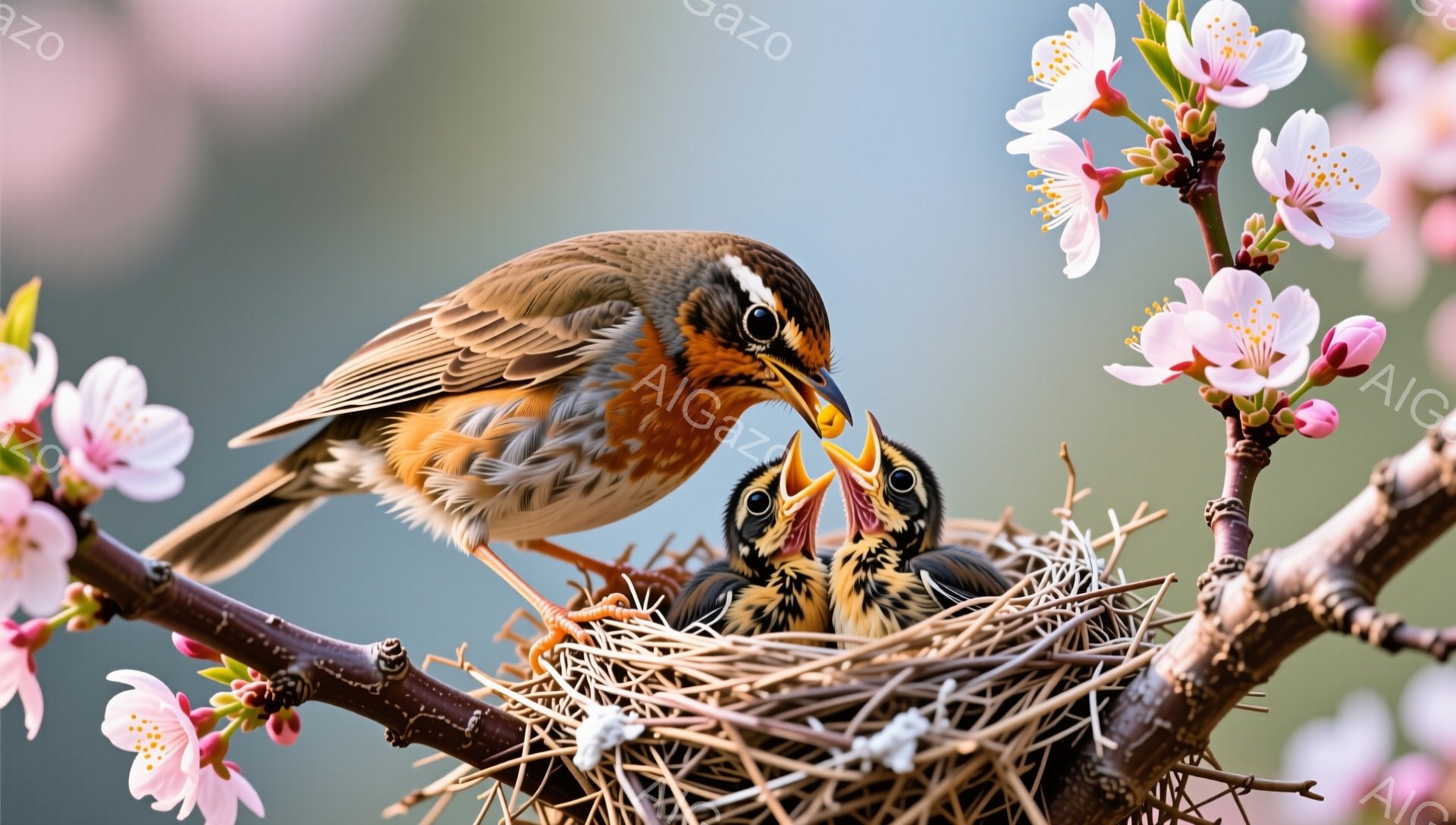 枝に巣を作る鳥の家族が描かれています。親鳥は口を開けて雛に餌を与え、雛たちは皆、親鳥に向かって口を大きく開けています。背景には桜の花が咲き、春の暖かさと生命の息吹を感じさせる穏やかな雰囲気です。 - AI生成フリー素材