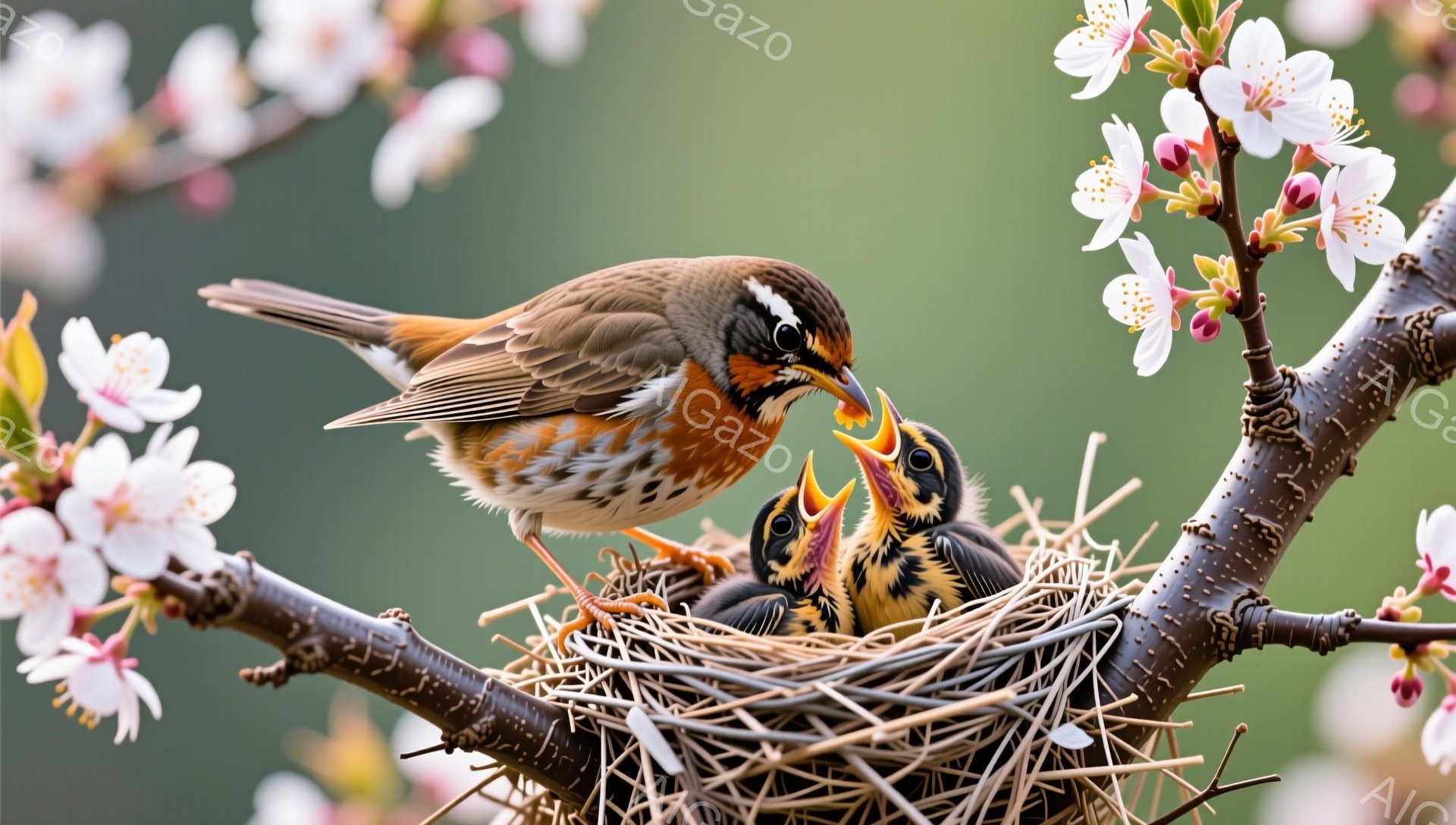 枝に巣を作ったアカツグミが、口に虫をくわえて雛に餌を与えている様子が捉えられています。雛たちは口を開けて餌を待ち望んでおり、親鳥との愛情あふれるやり取りが感じられます。背景には桜の花が咲き誇り、春の暖かさと生命の息吹を感じさせる光景です。