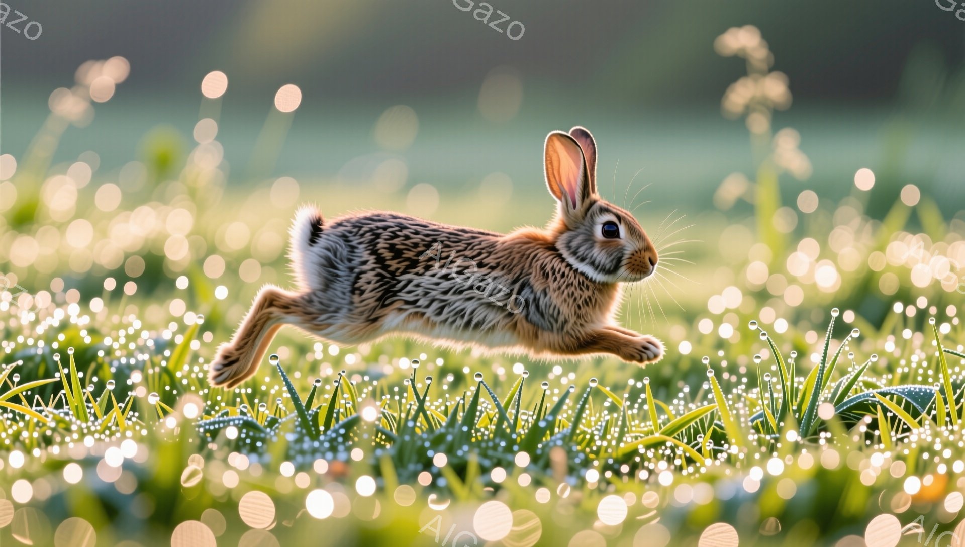 草原を元気に飛び跳ねる野ウサギが写っています。朝露に濡れた草の葉がキラキラと輝き、ウサギの毛並みも鮮やかに映えています。背景はぼやけており、躍動感と生命力に満ちたシーンです。