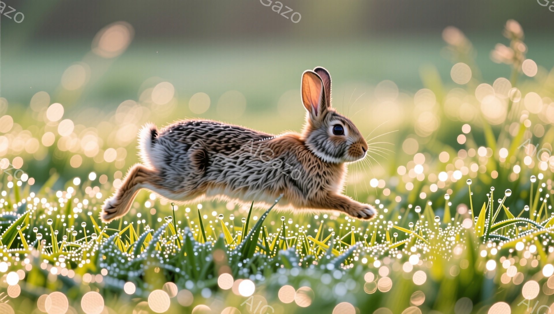 野ウサギが緑豊かな草の上に飛び跳ねています。朝露が光を反射してキラキラと輝き、うさぎの毛並みを照らしています。背景はぼやけており、うさぎの躍動感と自然の静けさが伝わってきます。