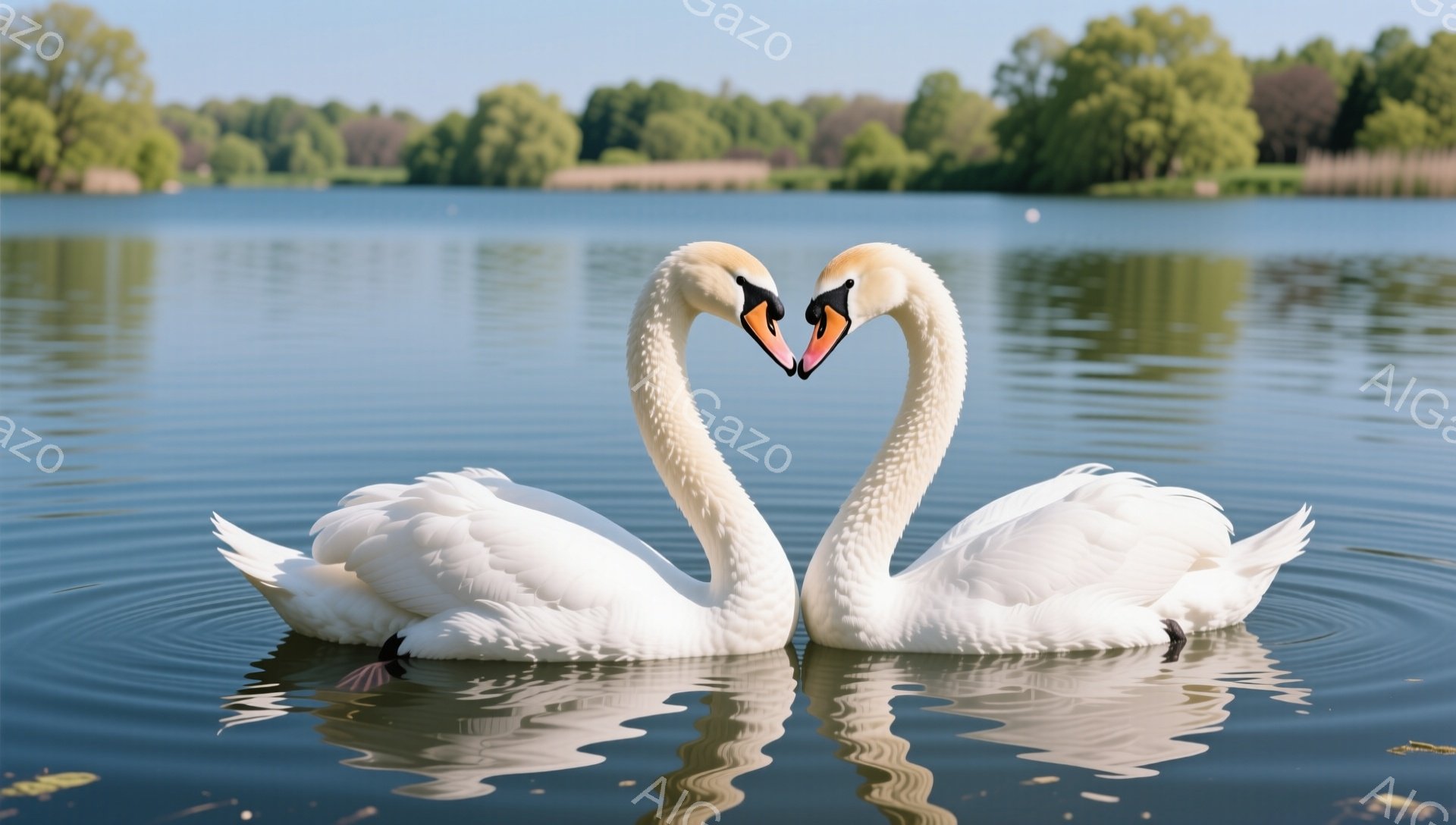 白い2羽の白鳥が水面でハートの形を作っています。穏やかな水面と背景の緑が鳥の美しさを引き立て、平和でロマンチックな雰囲気を作り出しています。水面に映る影も美しいです。