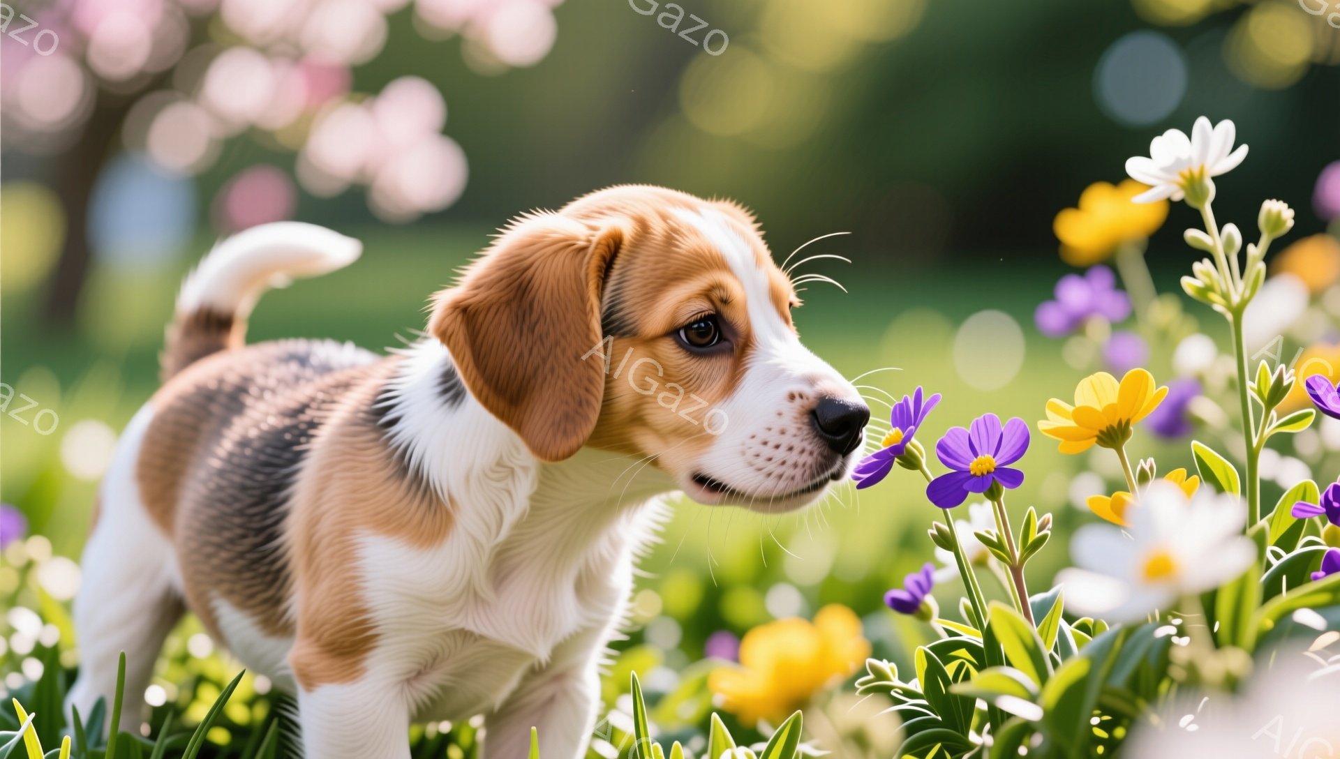 小さなビーグル犬が、黄色と紫の花々が咲き乱れる草原の中を歩いています。好奇心に満ちた表情で何かを嗅ぎながら、短い尻尾を少し上げています。背景は緑豊かで、暖かく柔らかい光が犬を包み込み、春らしい穏やかな - AI生成フリー素材