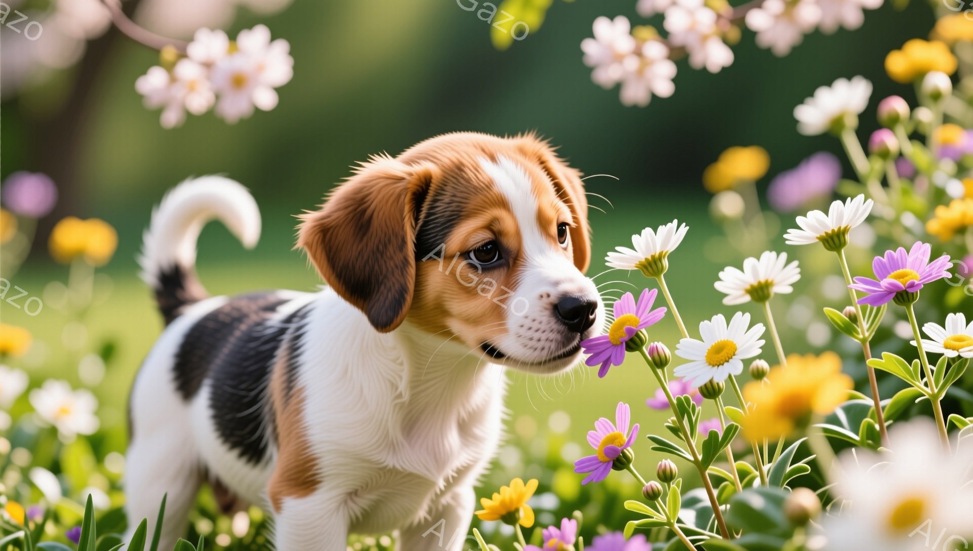 小さな子犬が花畑の中にいます。明るい日差しの中で、子犬は紫色の花に鼻を近づけて匂いを嗅いでいます。背景は緑豊かな草と色とりどりの花で、春の穏やかな雰囲気が伝わってきます。