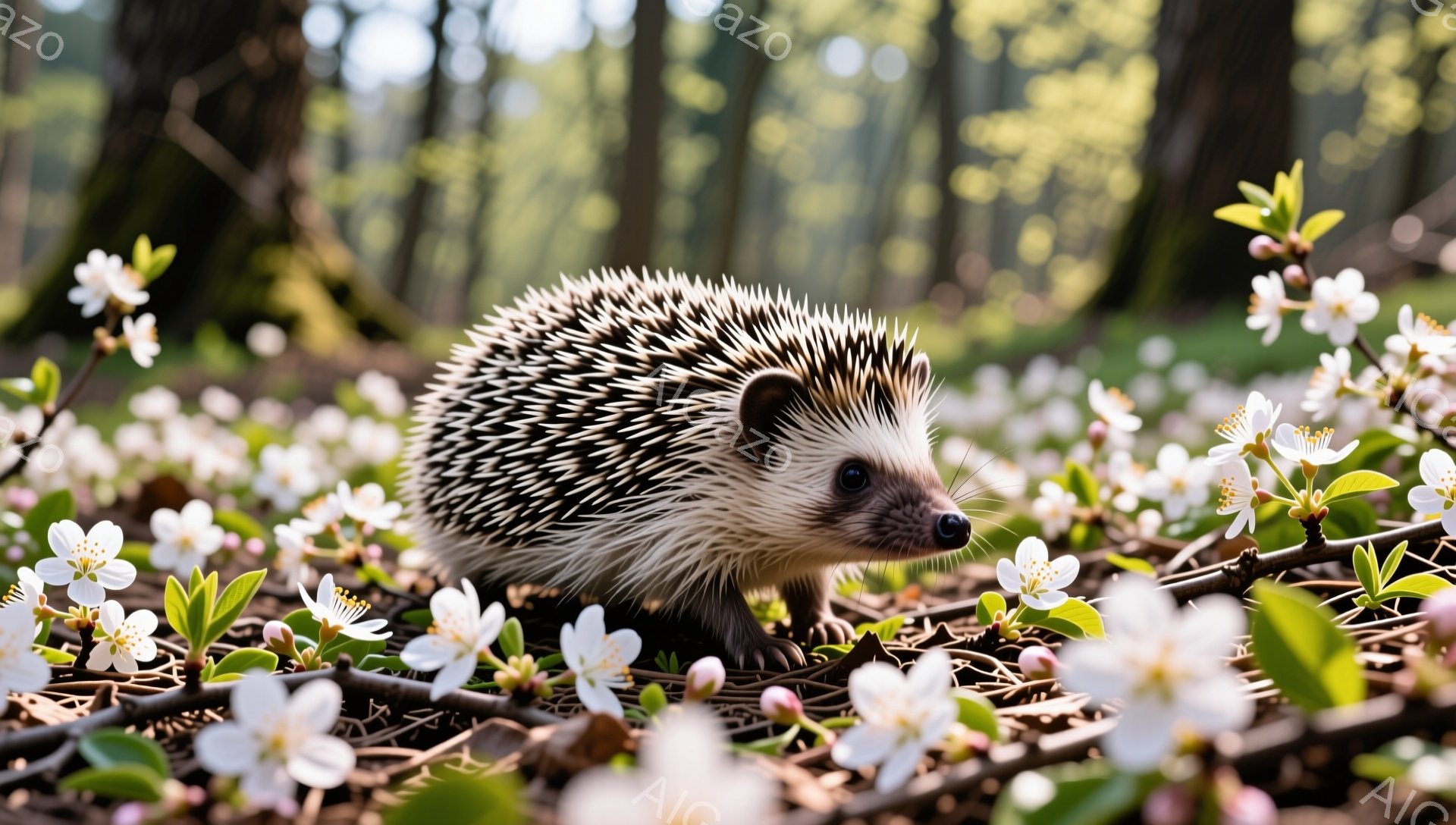 白い花びらが敷き詰められた地面の上を、可愛らしいハリネズミが歩いている。周りの花は春の訪れを感じさせ、暖かく優しい雰囲気を作り出している。ハリネズミの小さな目が光り、好奇心旺盛に辺りを見渡している様子 - AI生成フリー素材