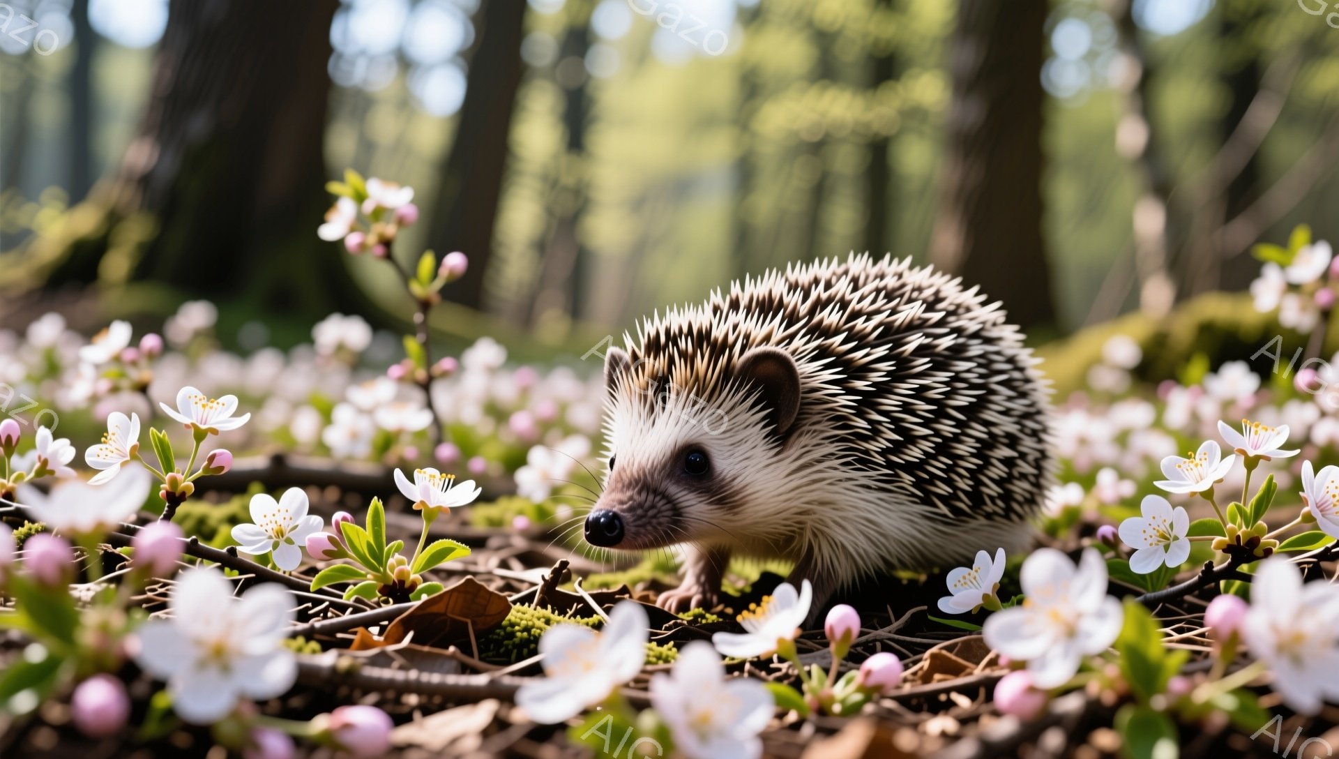 白い花びらが散りばめられた地面の上を、ハリネズミが歩いている。春の訪れを感じさせる暖かく柔らかな光が背景を照らし、自然豊かな雰囲気を醸し出している。可愛らしいハリネズミは、花の間をトコトコと進んでいく - AI生成フリー素材