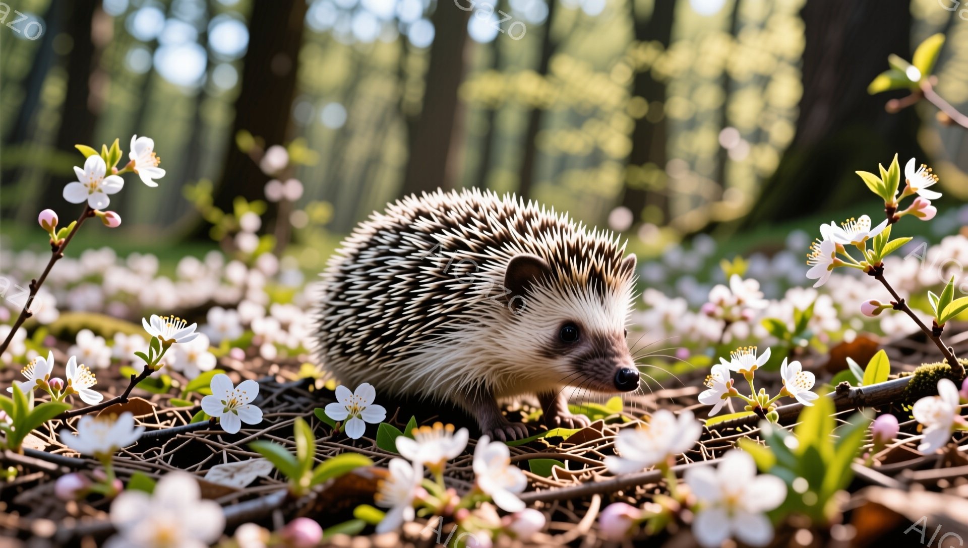 針を持つハリネズミが、白く小さな花々が散りばめられた森の床の上を歩いている。ハリネズミは真剣な表情で何かを探しているようで、周囲の花々とのコントラストが美しい。春の暖かい日差しが差し込み、優しい雰囲気 - AI生成フリー素材