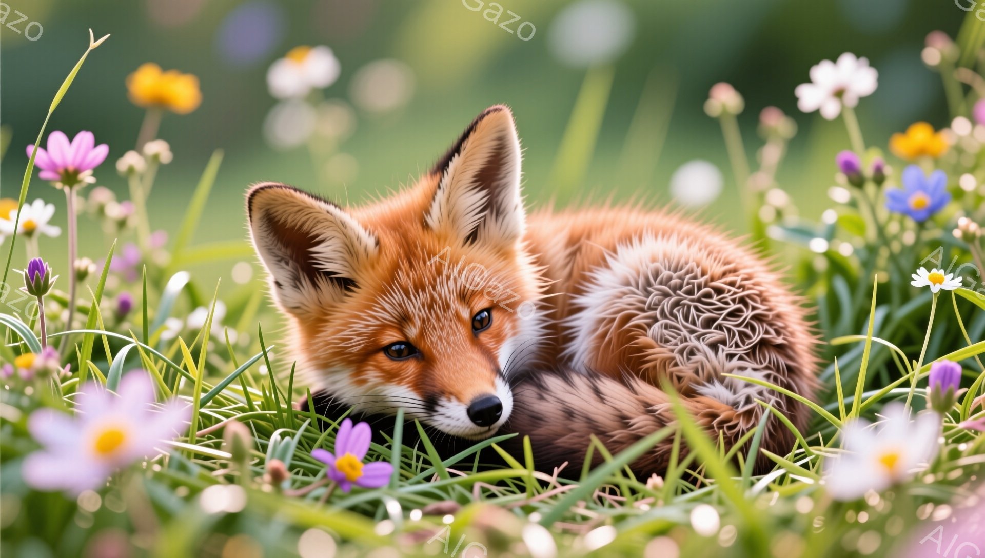 明るい緑の草原で、毛並みの美しいキツネが丸まって眠っています。紫や黄色の花々が周りを彩り、穏やかで平和な雰囲気を醸し出しています。キツネの表情は安らかで、自然の中でリラックスしている様子が伝わってきま - AI生成フリー素材
