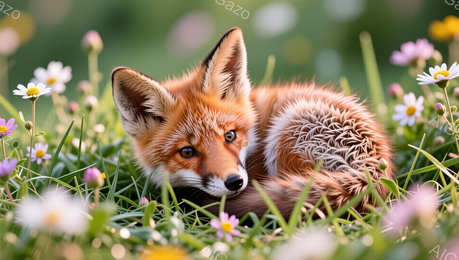 緑の草の上で、オレンジ色のキツネがリラックスして横たわっています。キツネは紫と黄色の花々に囲まれ、穏やかで平和な雰囲気を醸し出しています。その表情は穏やかで、春の日の暖かさを感じさせます。 - AI生成フリー素材