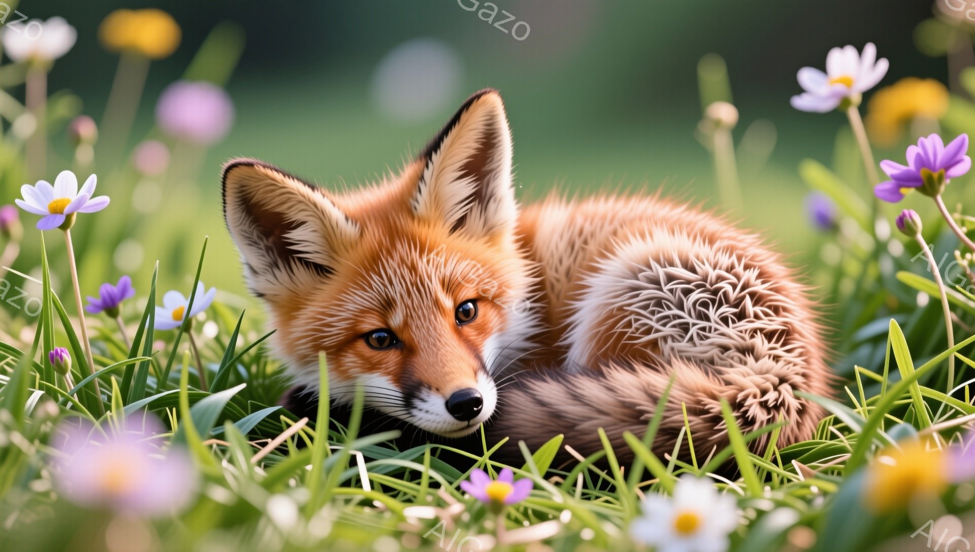 草原に横たわるキツネが写っています。毛並みは美しく、目は輝いており、周囲の紫や黄色の花々と調和しています。穏やかな春の日の柔らかな光が、のどかな雰囲気を醸し出しています。 - AI生成フリー素材