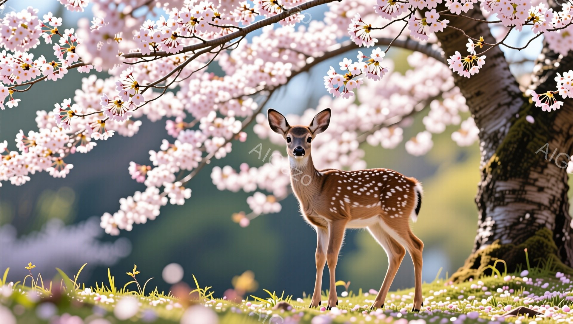 桜の木の下に、子鹿が立っている。柔らかい日差しが降り注ぎ、周囲には桜の花びらが舞っている。春の穏やかな雰囲気が伝わってくる美しい光景だ。 - AI生成フリー素材
