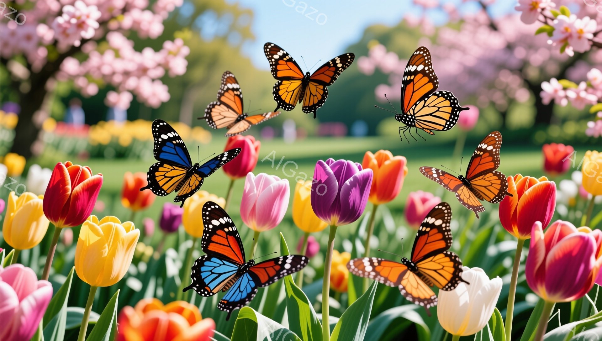 色とりどりのチューリップが咲き乱れる花壇を、オレンジと黒の鮮やかな蝶が舞っている。背景にはぼんやりと桜の木が見え、春の穏やかな陽気が感じられる。蝶の群れと花の色が明るく、幸福感に満ちた光景だ。 - AI生成フリー素材