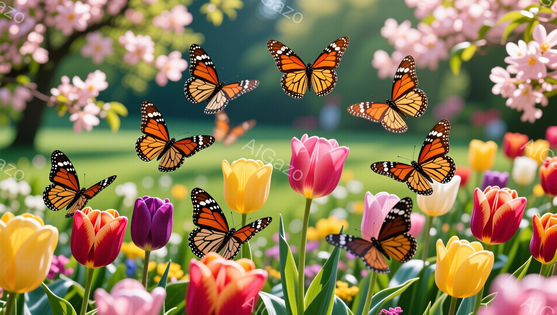 色とりどりのチューリップが咲き乱れる花壇の中で、たくさんの蝶が飛び交っています。背景には桜の木がぼんやりと見え、春の暖かく穏やかな雰囲気が伝わってきます。鮮やかな色彩と舞う蝶が、見る人に喜びと安らぎを - AI生成フリー素材