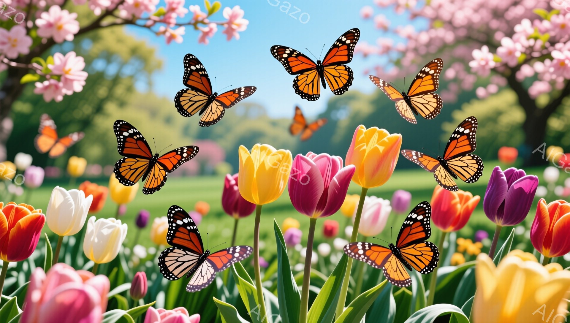 色とりどりのチューリップが咲き乱れる美しい庭園です。オレンジと黒の模様の蝶が、花の間を飛び交い、春の暖かな日差しの中で楽しそうに舞っています。背景には桜の木が見え、穏やかで優しい雰囲気を醸し出していま - AI生成フリー素材