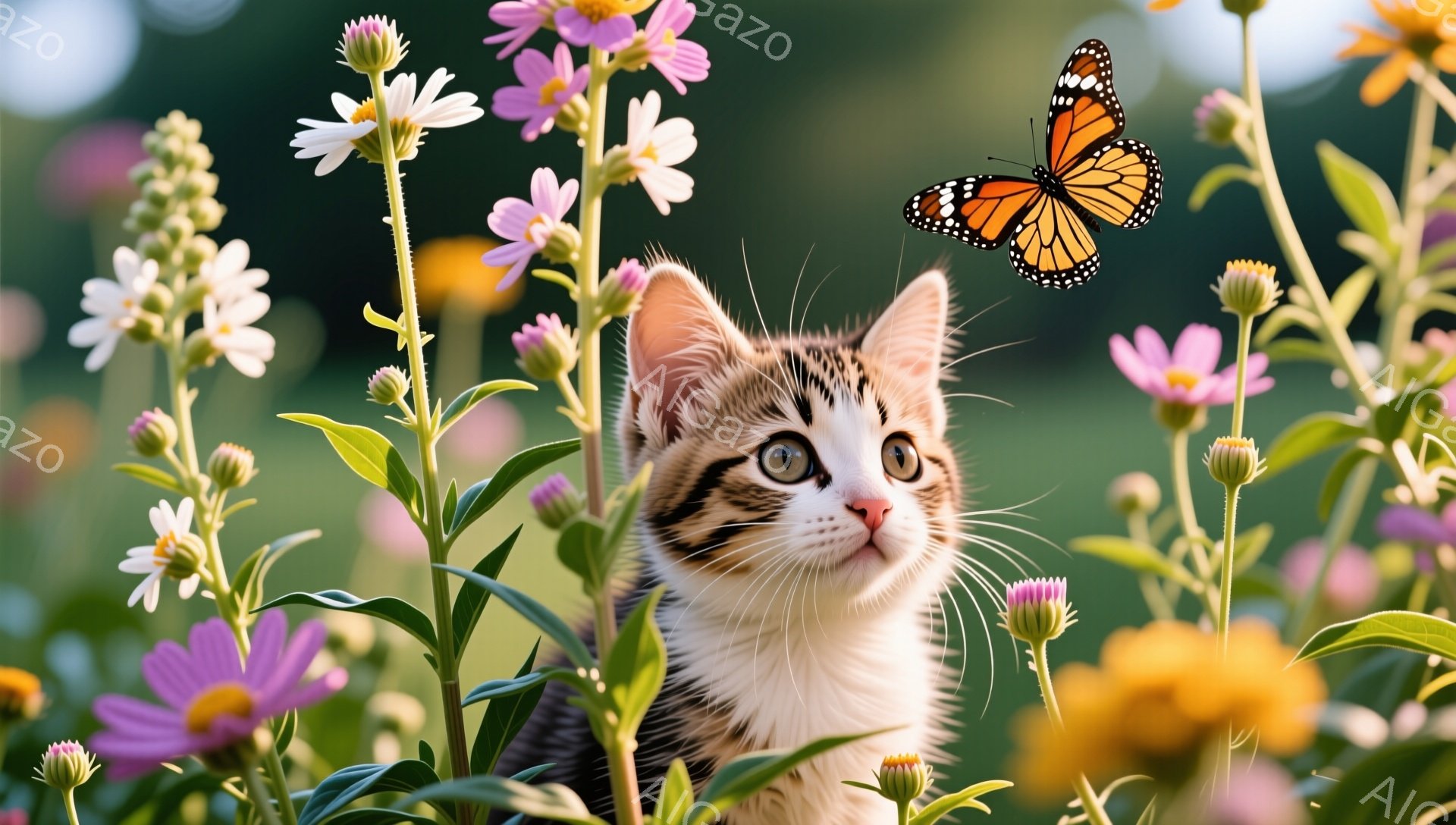 白と茶色の縞模様の小さな子猫が、ピンクと黄色の花々の中にいます。子猫は大きな緑色の目で何かを見上げており、背景は夏の緑豊かな庭園です。蝶が子猫の近くを舞っている様子が、のどかで穏やかな雰囲気を醸し出し - AI生成フリー素材